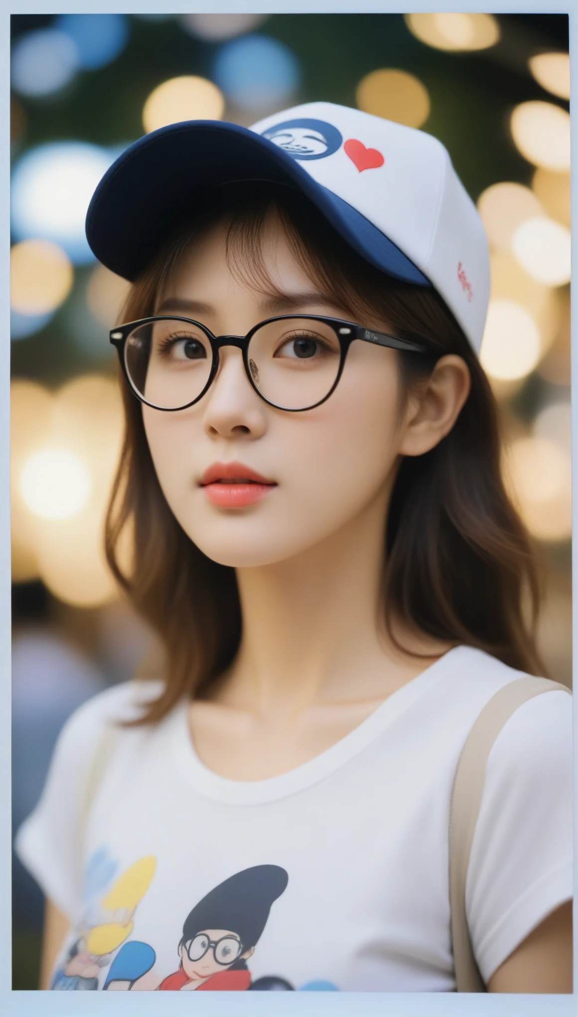 close-up of beautiful korean female, 34 inch breasts size,wearing cartoon pattern t-shirt, cap, glasses, looking side, bokeh background, Polaroid photo, UHD