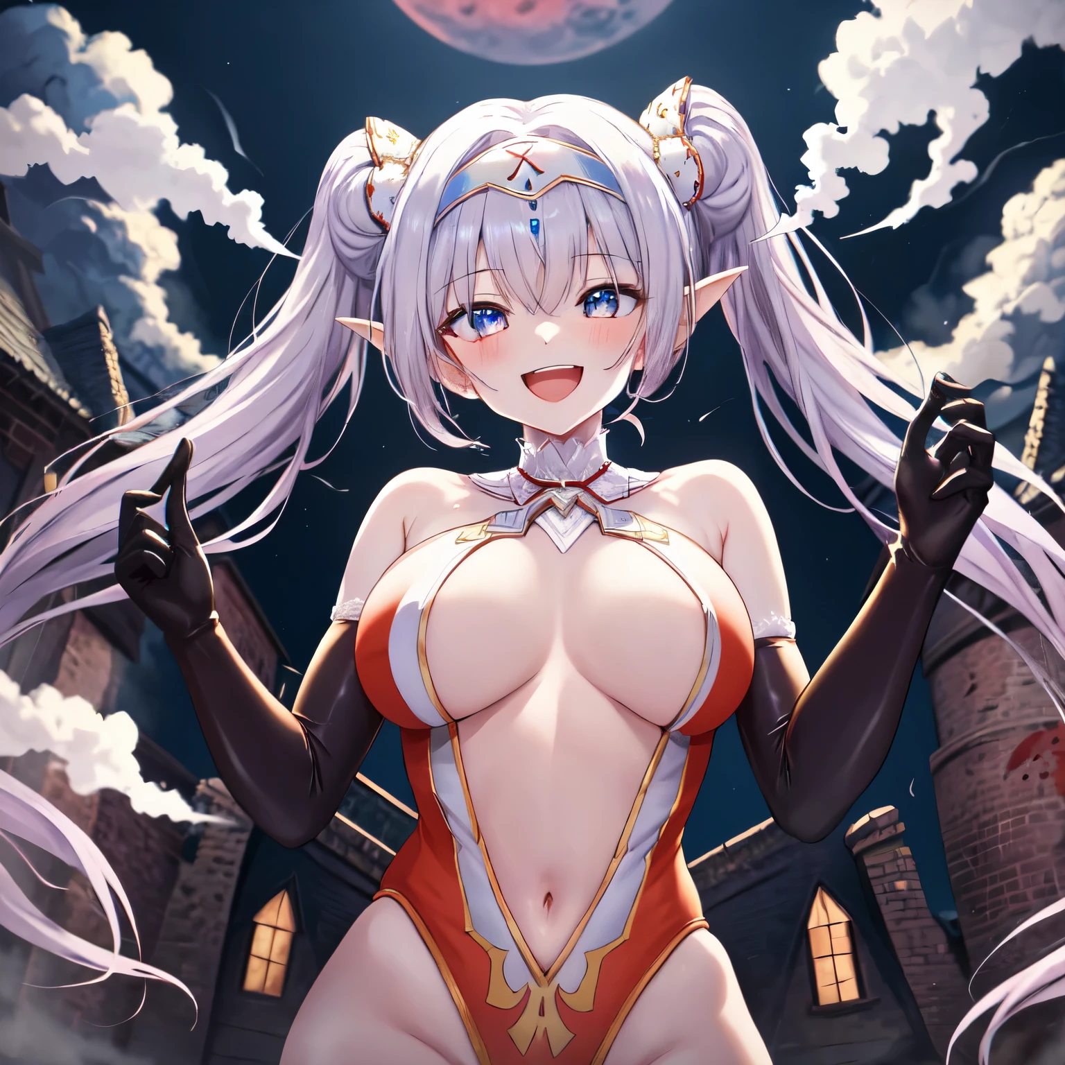 (masterpiece, top quality, best quality, official art, beautiful and aesthetic:1.2), (1girl),upper body, extreme detailed,(fractal art:1.3),colorful, highest detailed, ((high quality)), ((masterpiece)), anime, best, night, full moon, 1 female, Best quality, 8k, 32k, high resolution, unity 8k wallpaper, illustration, anime style, perfect lighting, extremely detailed CG, dynamic light, 1girl, solo, fgobritomart, long hair, twintails, navel, elbow gloves, gloves, damaged red leotard, frills, thigh strap, smile, maniac smile, open mouth, crazy, evil, blood on face, bloody, dynamic pose, erotic, shadow face, glowing eyes, medieval village on fire, destroyed wooden houses on fire, smoke, ruined, explosive, night, blood moon,