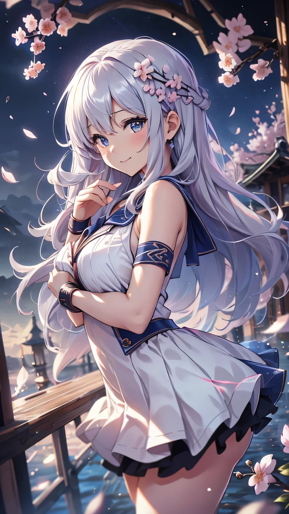 最high quality、best image quality、masterpiece、girl((18-year-old、 By becoming、vest bust、medium bust,wide open breast tea、shining eyes, silver hair、long hair、thin,highest valley、white see-through sailor suit、White short skirt、Wristband、smile、dance、song)),high quality、beautiful art、background((SakuraFubuki、Falling cherry blossoms、Cherry tree、beautiful park、square、Cherry Meadow、Wind))、Flight、debris flies、Depth of written boundary、movie、visual art、perfect art、8K,genuine、