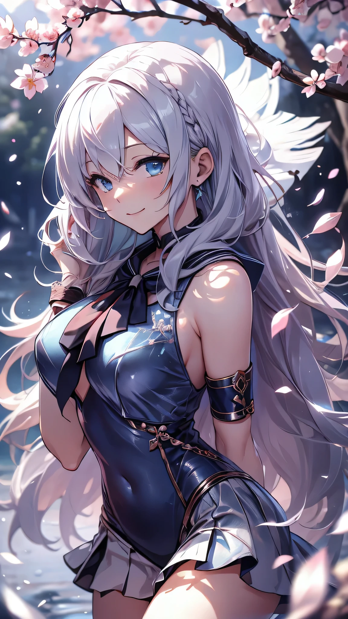 最high quality、best image quality、masterpiece、girl((18-year-old、 By becoming、vest bust、medium bust,wide open breast tea、shining eyes, silver hair、long hair、thin,highest valley、white see-through sailor suit、White short skirt、Wristband、smile、dance、song)),high quality、beautiful art、background((SakuraFubuki、Falling cherry blossoms、Cherry tree、beautiful park、square、Cherry Meadow、Wind))、Flight、debris flies、Depth of written boundary、movie、visual art、perfect art、8K,genuine、