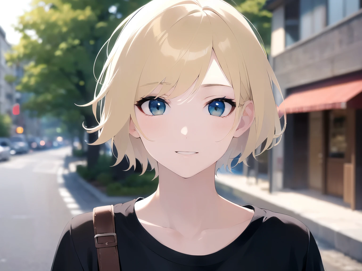 cute, Upper Body, Realistic, real person, (pale skin: 1.2), RAW photo, photorealistic, portrait photography, shiny skin, japanese idol、shiny hair、japanese, (25 year old man with blonde bangs) and (green eyes) and (very short hair:1.5), (black) and (Plain T-shirt:1.5), smile, background is outside、Alone
