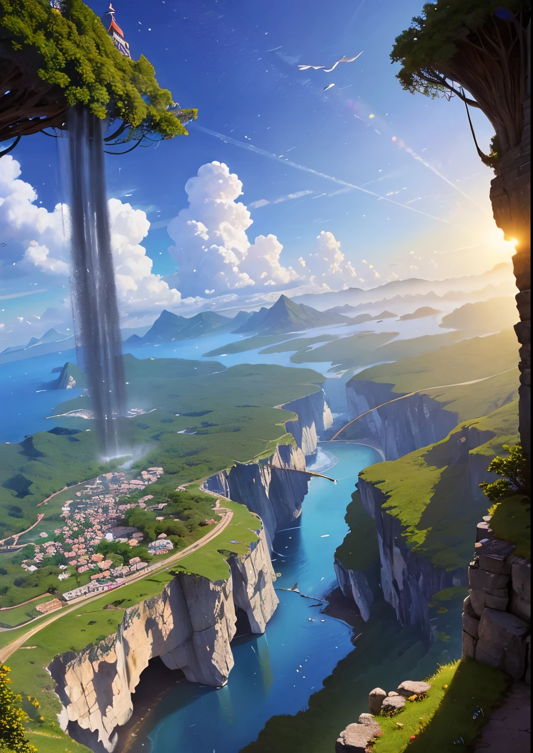 Artwork, best quality, better quality, flying islands, waterfalls cascading down from islands, fantasy world, spectacular panoramas,