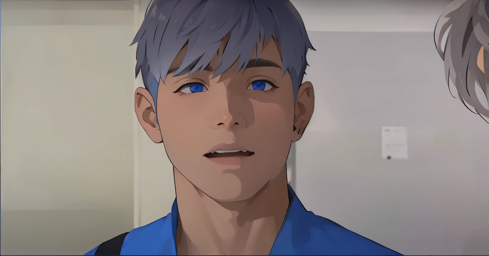 estilo comic 2d,lindo chico de cabello gris y ojos azules esta hablando con nerviosismo con otro chico