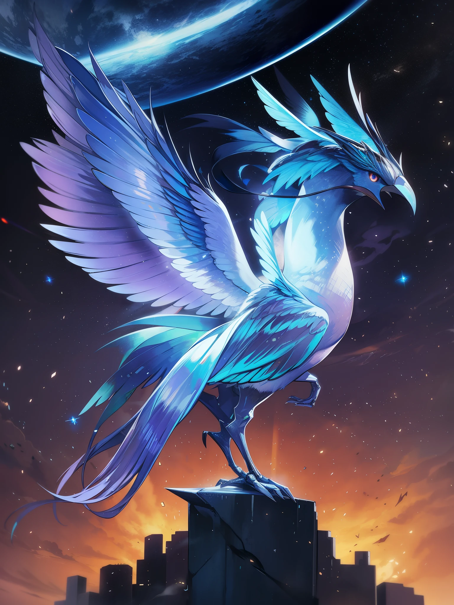 low angle, a mechanical holographic crystal bird is rising and cracked on translucent wings , eerie, bleak, challenging a mysterious sky of planets, epic, neon lights, smoke, particles,  