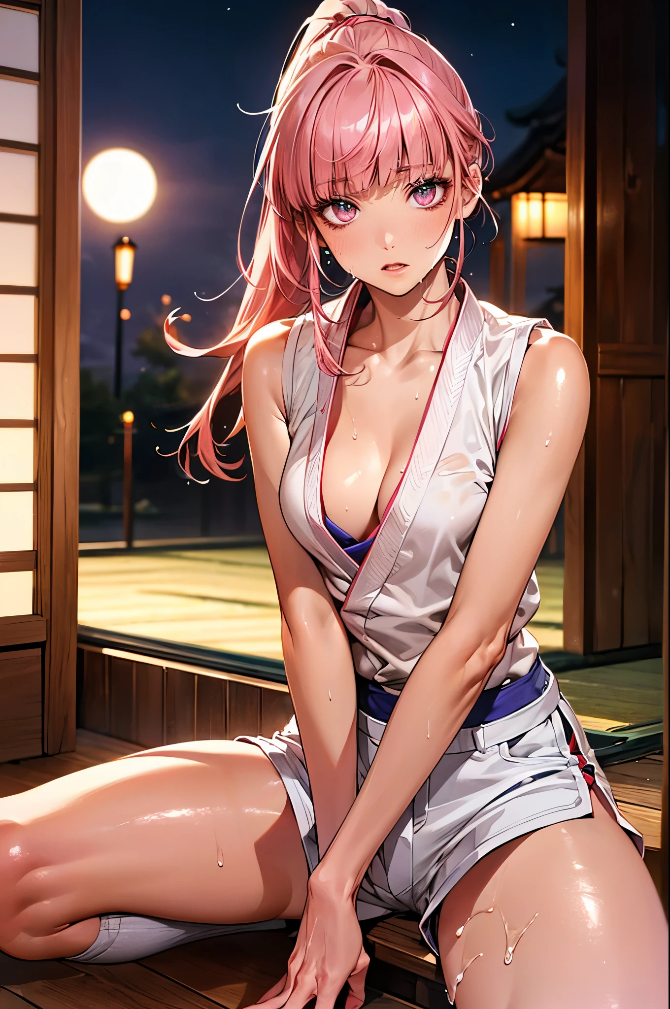nsfw,((perfect anatomy,realistic,:1.4,RAW Photography:1.3,masterpiece、highest quality、Ultra - High resolution、High resolution、Highly detailed CG、8K)),1 female,solo,((20 year old beauty,beautiful detailed face and eyes,gorgeous eyes,pink eyes)),((pink hair,ponytail,long hair,blunt bangs,straight hair)),((medium breasts,slender body,small head:1.4,skinny)),(oily skin,gleaming skin,shiny skin,sweat:1.4),((Karate's white uniform, cleavage,sleeveless、white micro shorts,damp crotch、love juice:1.5)),lying,spread legs:1.5,steam:1.5,heavy breathing:1.5,Japanese-style garden、Japanese-style house、Tokyo、moonlight、