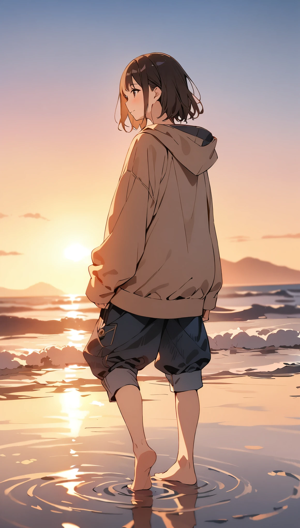 masterpiece, highest quality, movie stills, 1 girl, baggy hoodie、７cropped pants、denim、Sky reflected on the sea surface、mirror-like water surface、Reflective water surface、I can see the ankle、Barefoot、Sunset、beautiful sky, close, bright, Happy, warm and soft lighting, sunset, (spark:0.7)