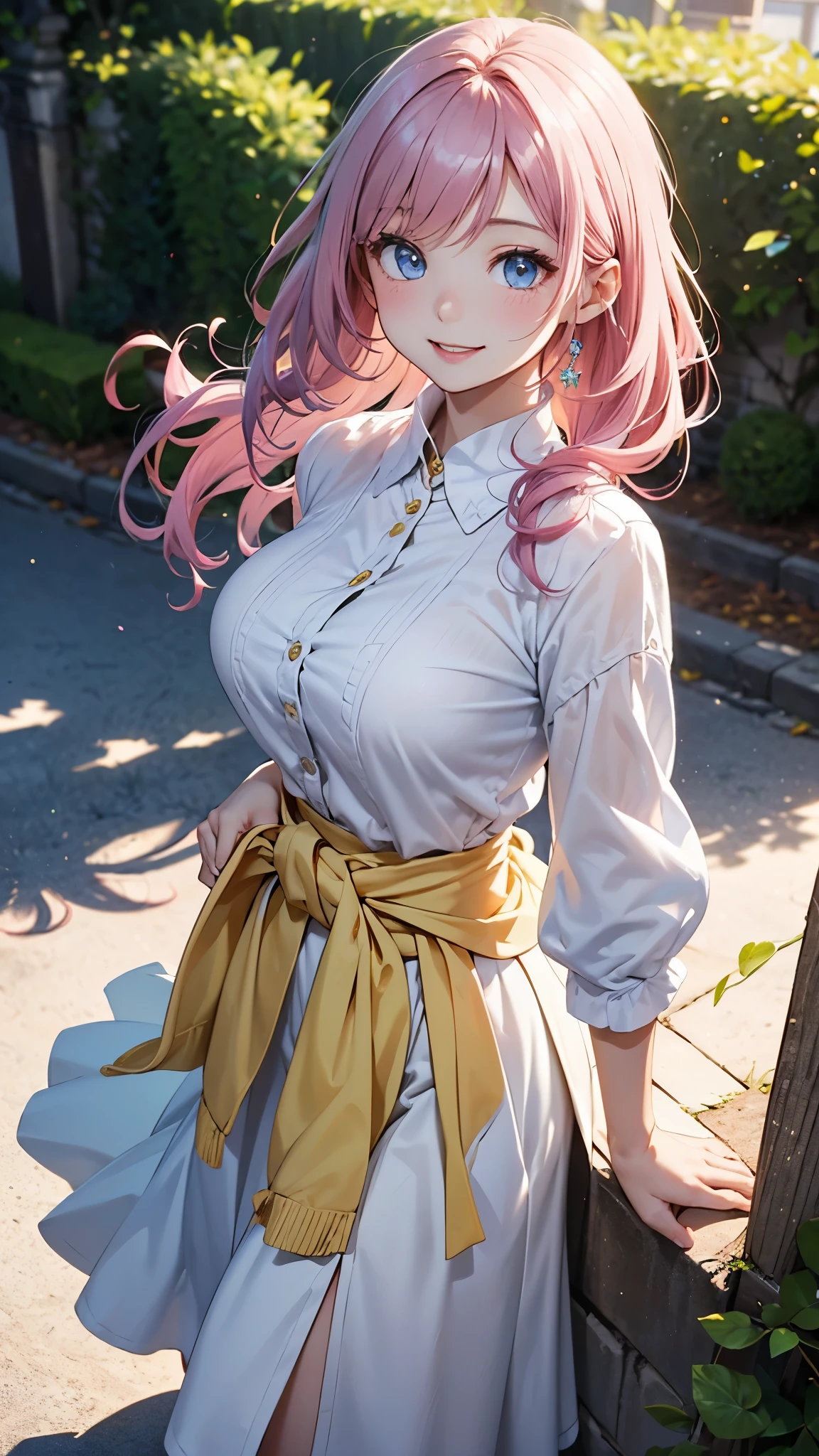 1 female、26 years old、pink hair、long hair fluttering in the wind、(very cute woman)、(smile)、Natural tree-lined avenues、white blouse、light yellow cardigan、pale pink long skirt、blue eyes、sparkling eyes、big bust、((from waist to head))、(transparent)、(pure)、aerial perspective、