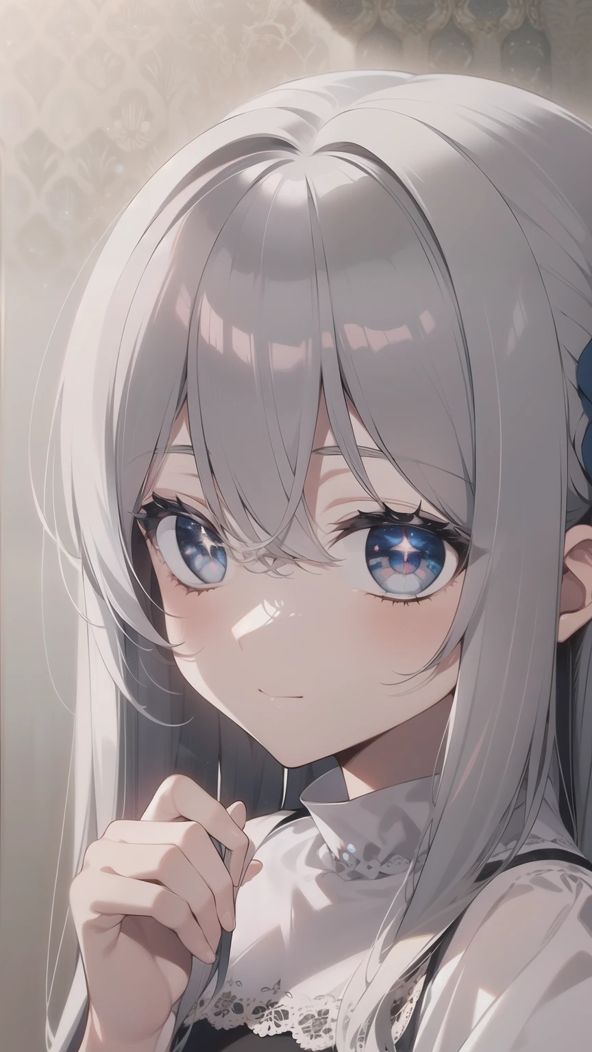 ((masterpiece, best quality))++, Detail lights+, detail hair+, Detail hand+ ,1 girl, Honey, (long gray hair)++, dark blue eyes, beautiful eyes, Young gray hair,,(beautiful white hair:1.5),(beautiful eyes), high resolution+, black stockings , a white pajamas, Glass tones, Reflective eyeanyery detail wallpaper, The original, ,scassue card ,Nature,White rose