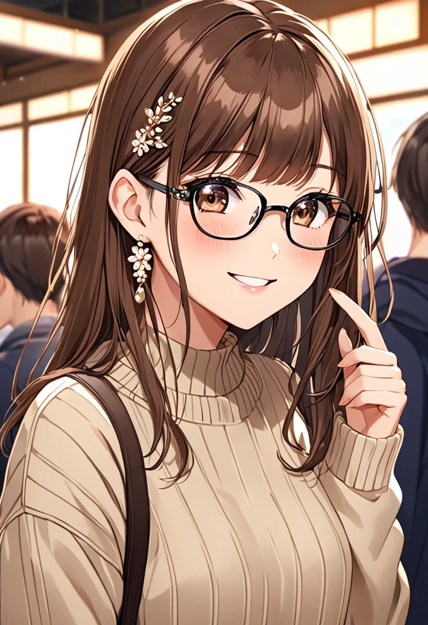 1 girl、brown hair、solo、Glasses、long hair、Smile、jewelry、earrings、brown eyes、sweater、hair ornaments、vaguely、vague background、look at the audience、blushing、Upper body、hairpin、turtleneck sweater、long sleeve、White sweater、shut up、turtleneck sweater、bangs、depth