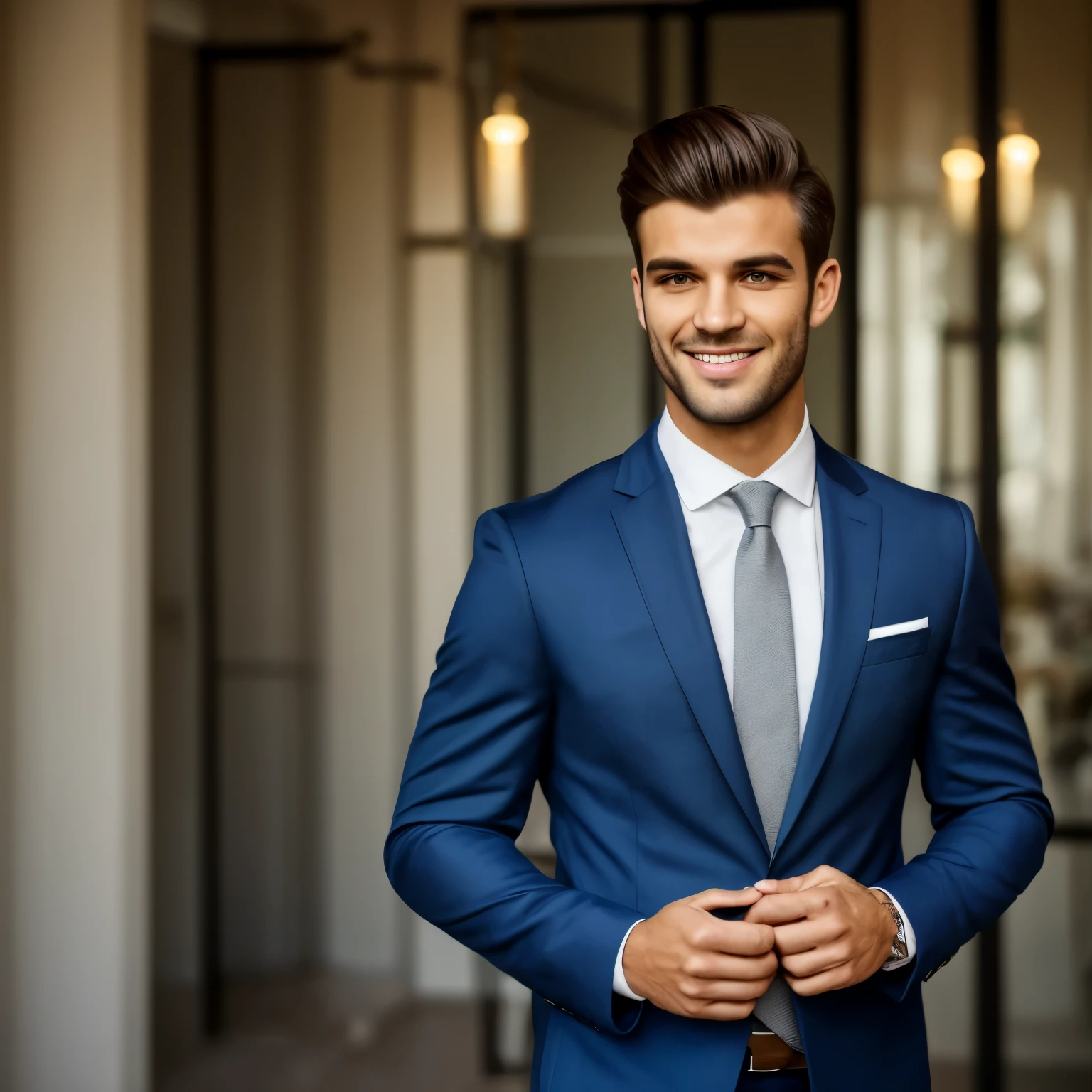 masterpiece, 1 handsome man, green eyes, top-quality, 8K, high resolution, Realisticity: 1.4, cinematic lighting, european, Super male, muscular body, sitting at a desk, skyscraper panoramic office view, (A hyper-realistic), (high resolution), (8K), (highly detailed), (beautifully detailed eyes), (ultra-detailliert), (wall-), (Natural smile) , A detailed face, Bright lighting, profectional lighting, looking at view wert, Facing straight ahead, (The costume a blue suit), modern haircut, 5 day shade, nighttime scene, Brown hair, age25, tall, (Facing straight ahead)
