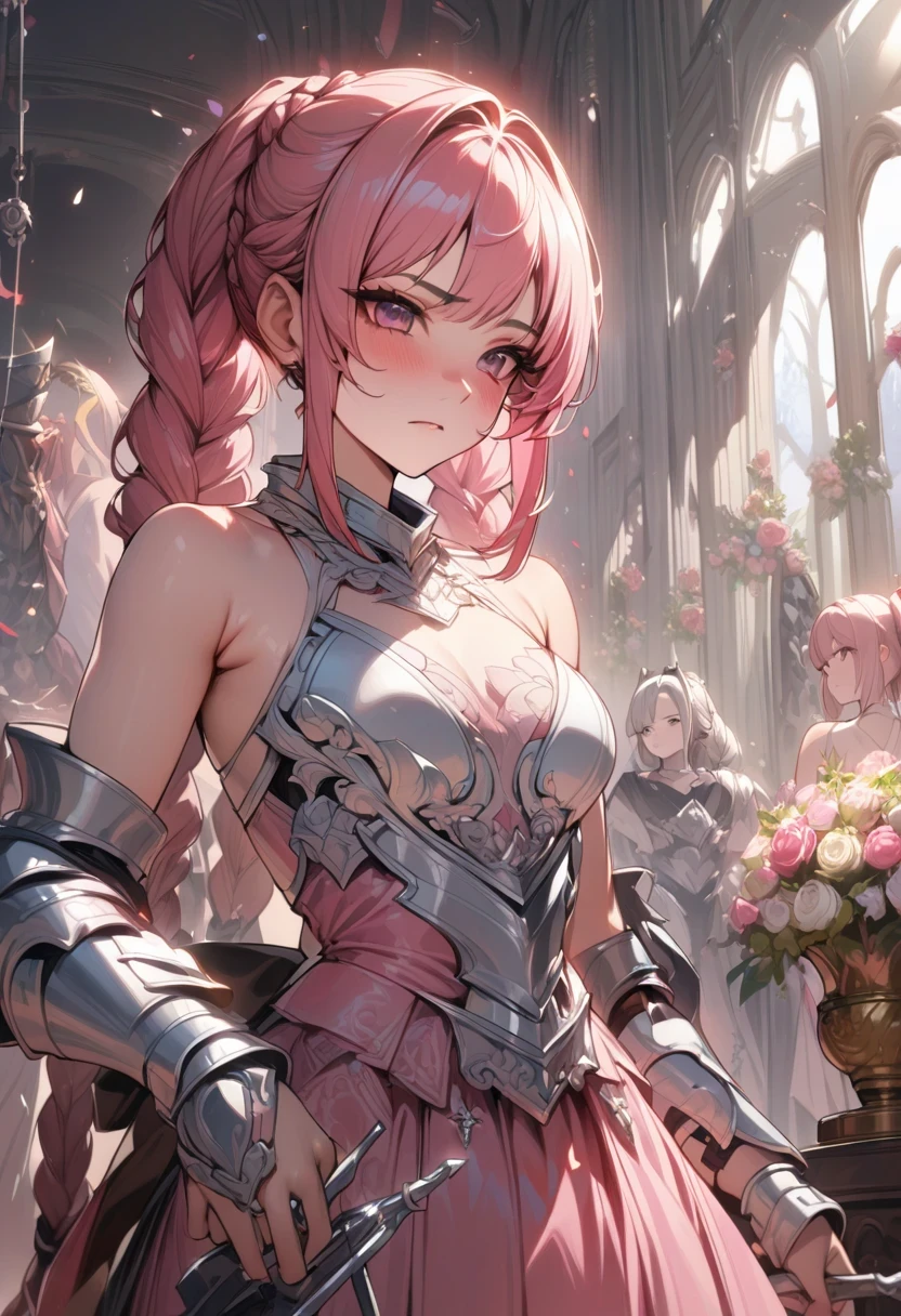 miss, Serious, warrior, armor, elegant, pink skirt, aristocratic, silver element, Long nails, bare shoulders, hairstyle, hair standing on end, Braids and ponytails, messy, arrogant, absurd, detail dress, royalties, celebration, Hall decorated with flowers, cowboy shooting, portrait, (best quality), (masterpiece), (Very detailed), (4K)