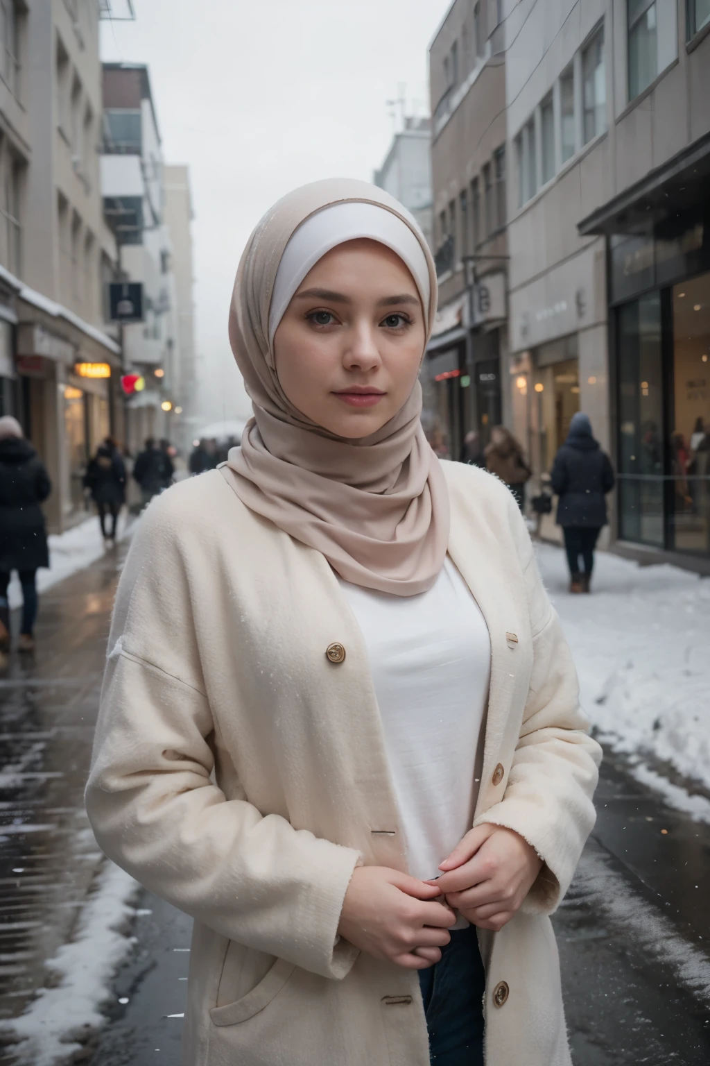 professional portrait photograph of a gorgeous Norwegian girl in winter clothing with hijab, sultry flirty look, gorgeous symmetrical face, cute natural makeup, wearing elegant warm winter fashion clothing, ((standing outside in snowy city street)), stunning modern urban environment, ultra realistic, concept art, elegant, highly detailed, intricate, sharp focus, depth of field, f/1. 8, 85mm, medium shot, mid shot, (((professionally color graded))), bright soft diffused light, (volumetric fog), trending on instagram, hdr 4k, 8k
