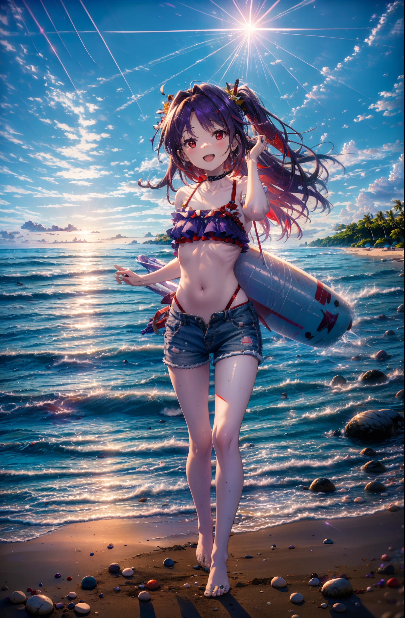 yuukikonno, Yuki Konno, hair band, long hair, pointed ears, purple hair, (red eyes:1.5), (small breasts:1.2),happy smile, smile, open your mouth, open your mouth,Purple bikini swimsuit,short denim pants,barefoot,barefoot,sandy beach,beach,Light of the sun,true summer,
break looking at viewer, Upper body, full body,
break outdoors, beach,
break (masterpiece:1.2), highest quality, High resolution, unity 8k wallpaper, (figure:0.8), (detailed and beautiful eyes:1.6), highly detailed face, perfect lighting, Very detailed CG, (perfect hands, perfect anatomy),