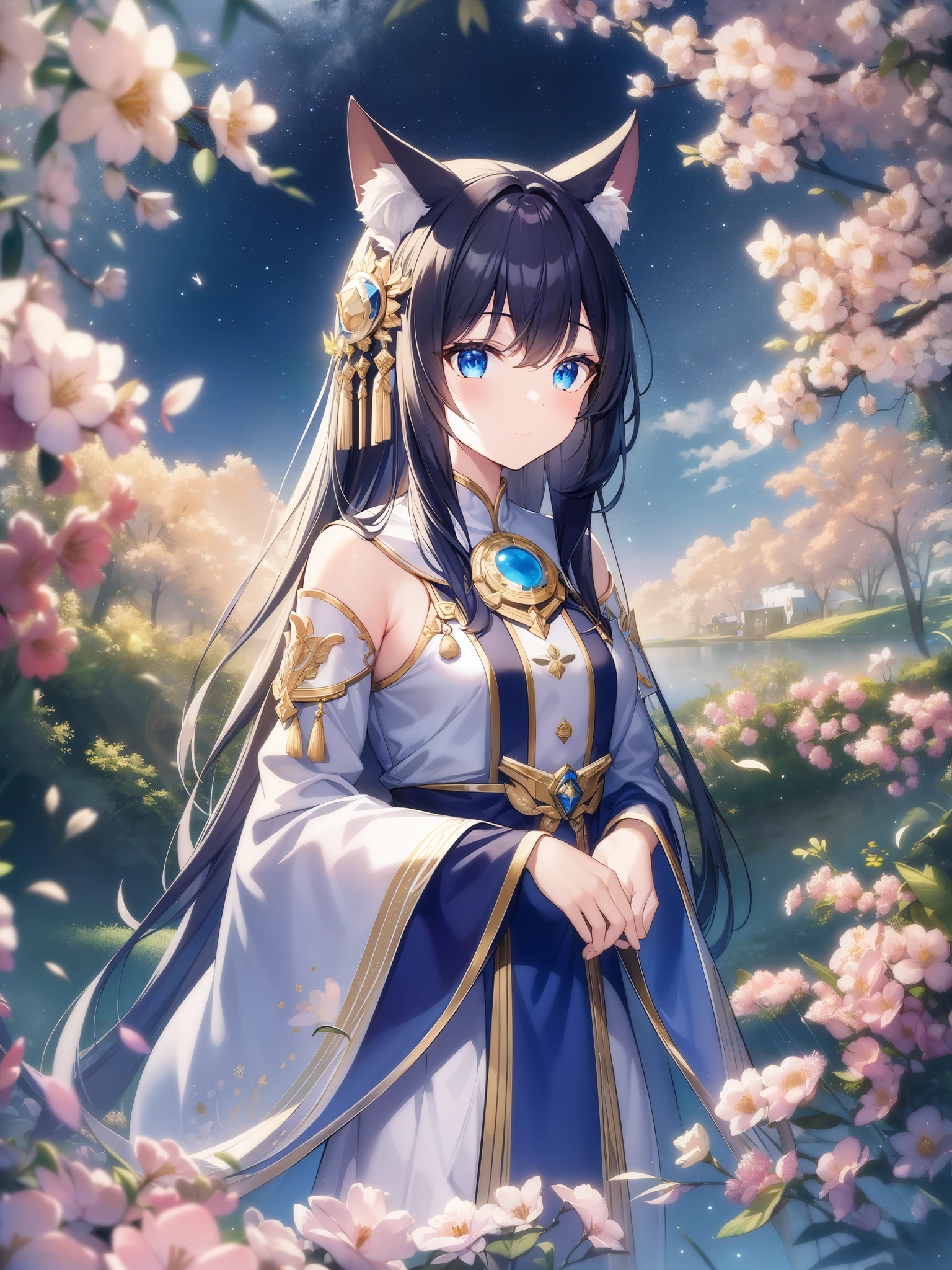 1girl, solo, masterpiece, highest quality, 8K, standing on water, reflective surface, freedom, animal ear fluff, (poster:0.76), (palm leaves), (rural village), gold leaf art style, white flowers, (neon indigo glow:1.2), night, dark theme, starry sky, (upper body:0.72), (bioluminescence), ethereal, truth, 13