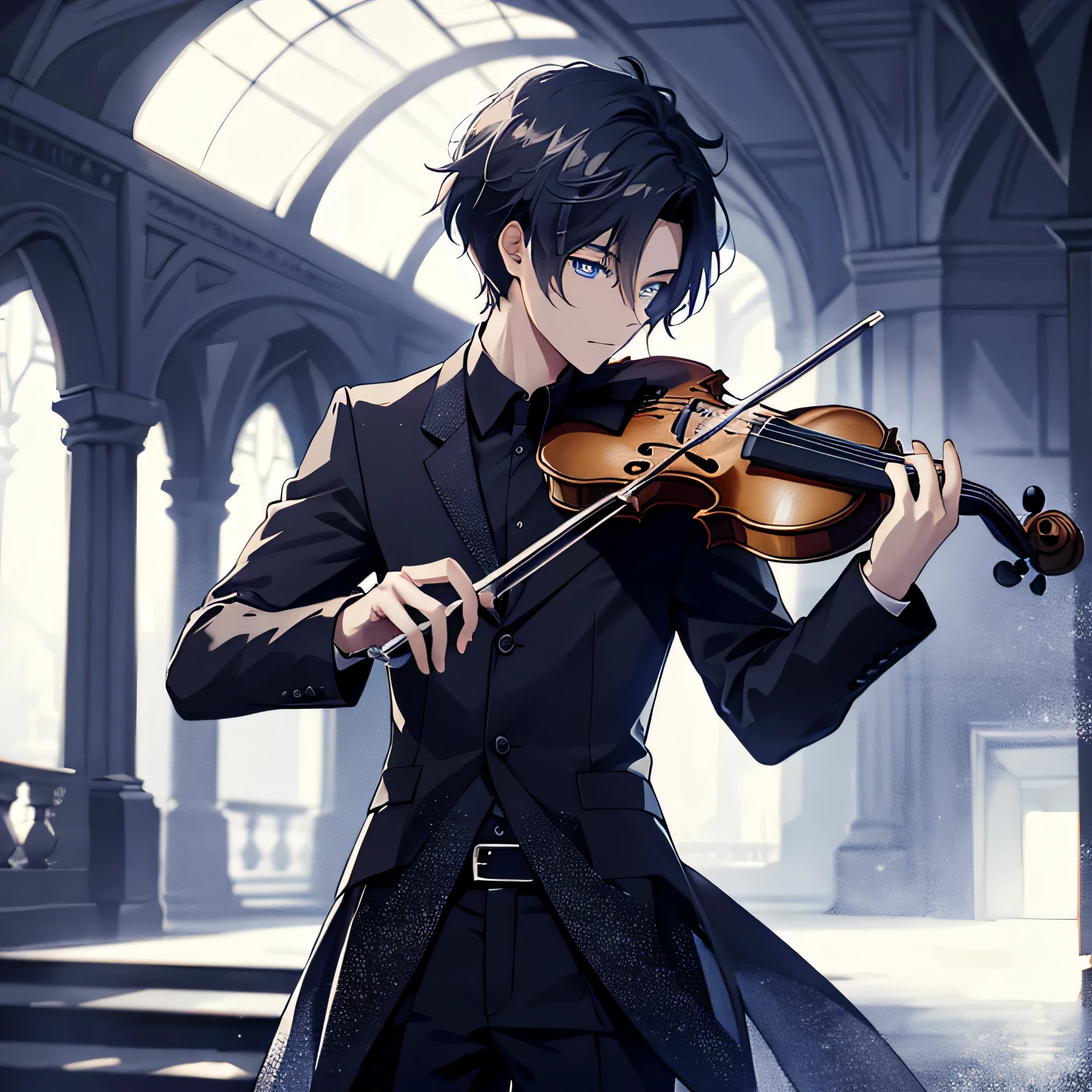 A young man playing the violin enjoying the music, (a low diagnosis view with focus on the character) high light: 1.8), (low light: 1.4), complex details, ), dreamy, unique, with black hair and blue eyes, background inside old details building structures.