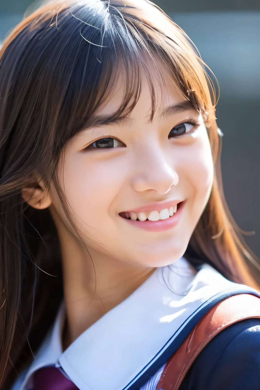 high school girl、smile、close up of face、slender、Drooping eyes、cool、hanging eyes