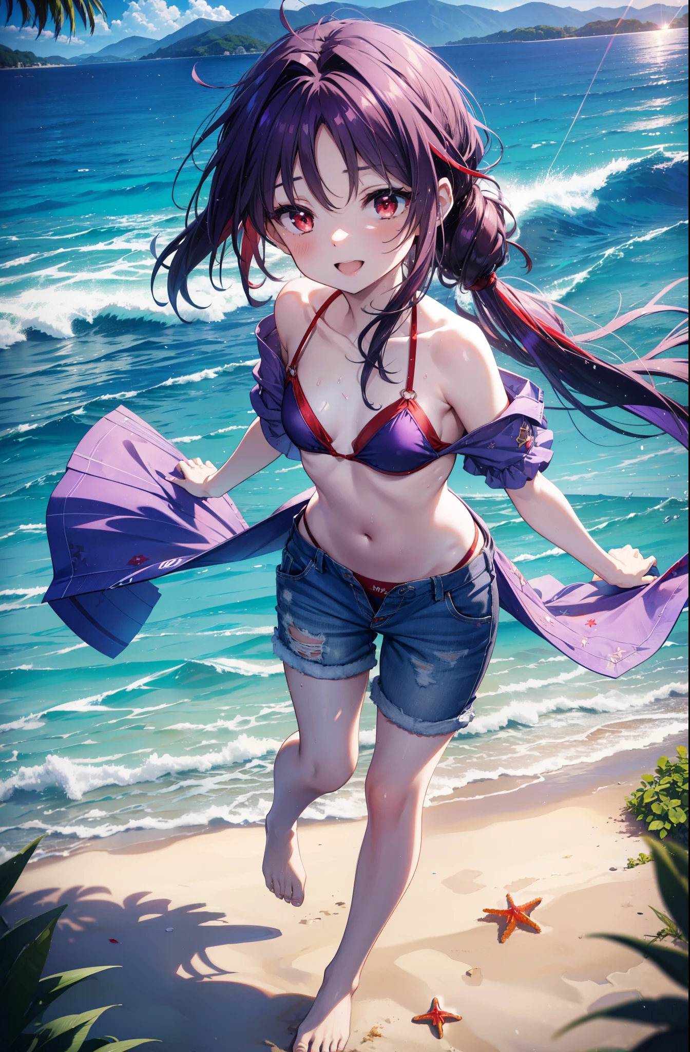 yuukikonno, Yuki Konno, hair band, long hair, pointed ears, purple hair, (red eyes:1.5), (small breasts:1.2),happy smile, smile, open your mouth, open your mouth,Purple bikini swimsuit,short denim pants,barefoot,barefoot,sandy beach,beach,Light of the sun,true summer,
break looking at viewer, Upper body, full body,
break outdoors, beach,
break (masterpiece:1.2), highest quality, High resolution, unity 8k wallpaper, (figure:0.8), (detailed and beautiful eyes:1.6), highly detailed face, perfect lighting, Very detailed CG, (perfect hands, perfect anatomy),
