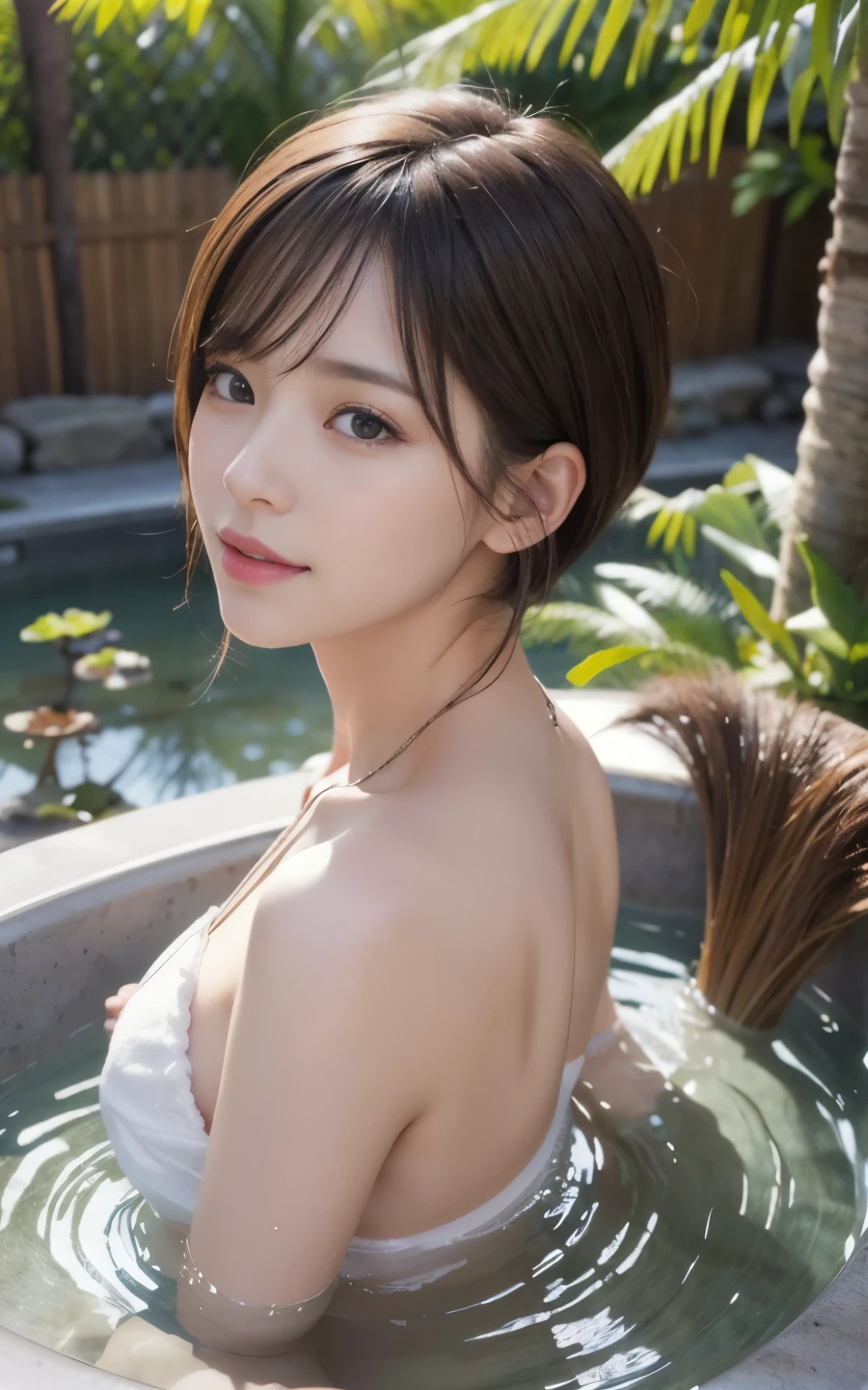 cute 21 year old japanese、super detailed face、attention to detail、double eyelid、beautiful thin nose、sharp focus:1.2、beauty:1.4、(bright brown hair、short cut hair、white skin、highest quality、bright、masterpiece、ultra high resolution、(realism:1.4)、hot spring、Open-air bath with a view、best smile、bath towel、outside the bathtub、