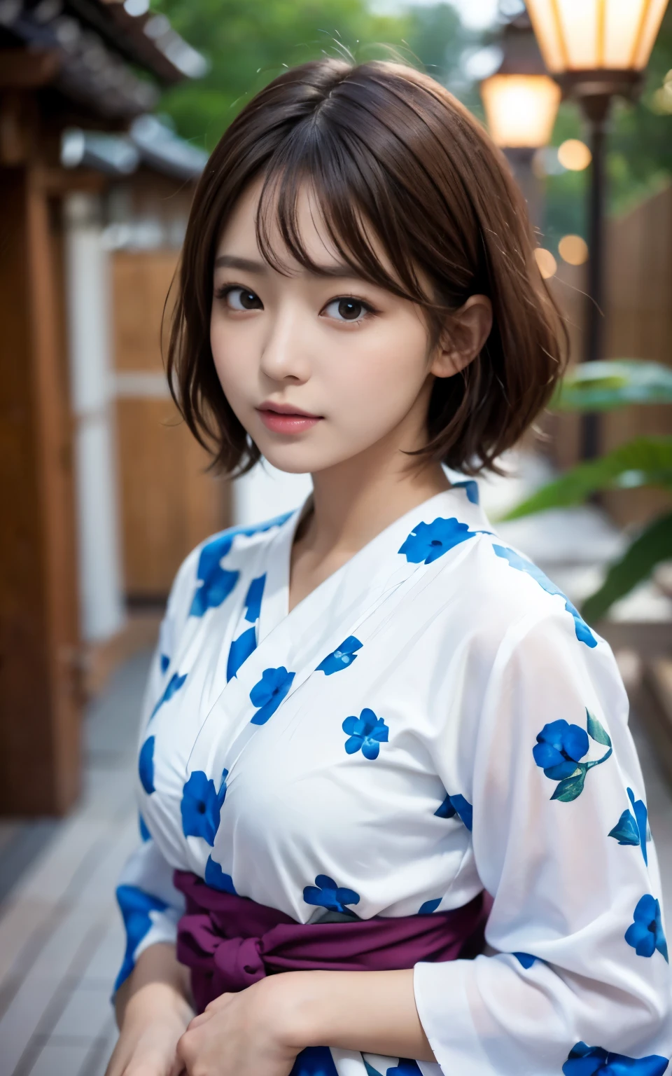 cute 21 year old japanese、super detailed face、attention to detail、double eyelid、beautiful thin nose、sharp focus:1.2、beauty:1.4、(light brown hair、short cut hair、white skin、highest quality、masterpiece、ultra high resolution、(realism:1.4)、hot spring inn、yukata、yukata