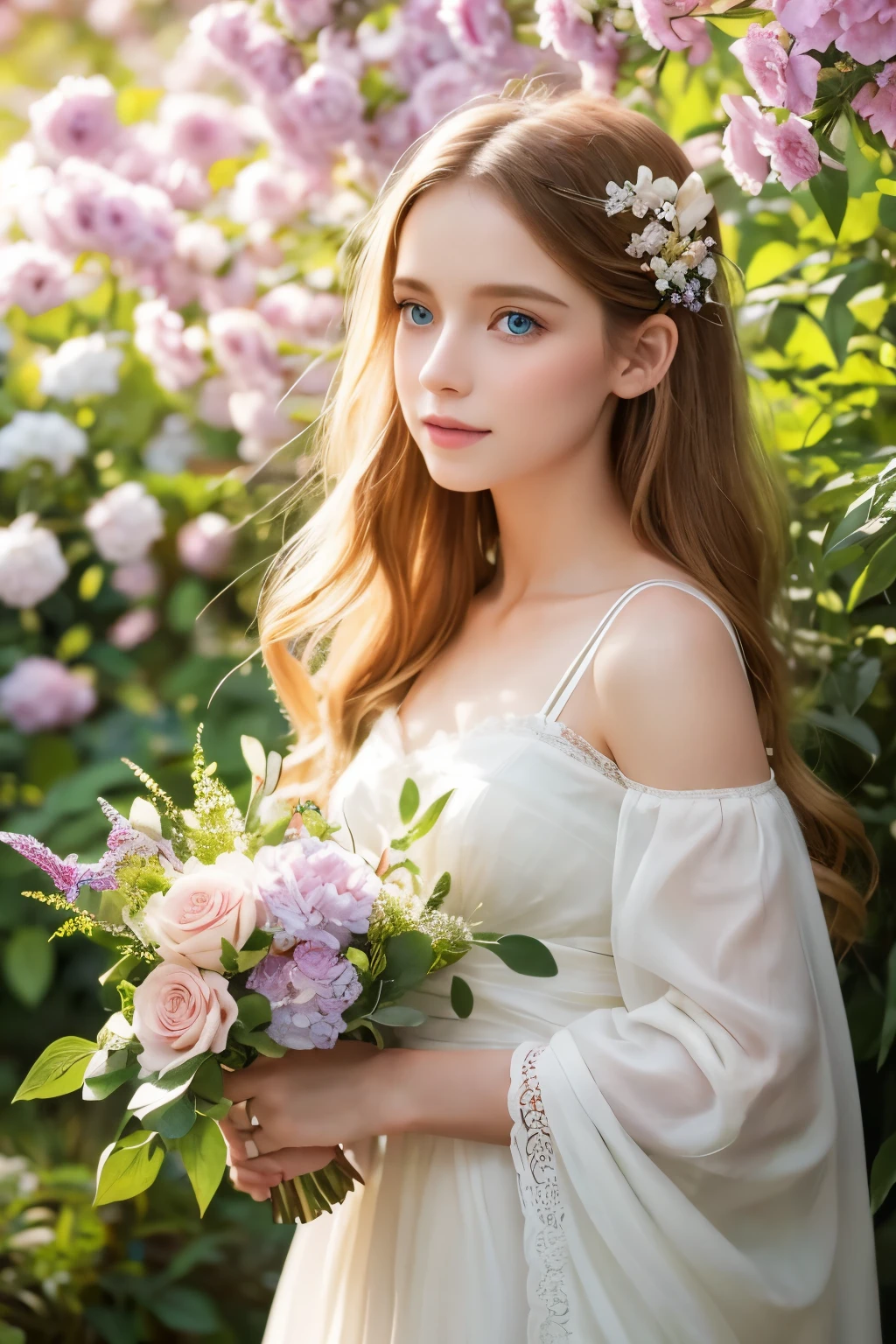 A girl with flowing golden hair and mesmerizing blue eyes, wearing an elegant white dress, standing in the midst of a vibrant garden filled with blooming flowers and lush greenery. The sunlight gently illuminates her delicate features, casting a soft glow on her flawless skin. She holds a delicate butterfly in her hand, while a gentle breeze swirls around her, causing the flowers to dance in harmony. The scene is captured in a breathtaking oil painting, with every detail meticulously crafted to create a masterpiece. The colors are vibrant and vivid, with a hint of ethereal pastel tones, giving the artwork a dreamlike quality. The lighting is soft and diffused, creating a serene and tranquil ambiance. The high-resolution image showcases the artist's impeccable skill, capturing every intricate detail with precision. The overall atmosphere exudes a sense of beauty, grace, and enchantment. The artwork is reminiscent of classical portraits, with a touch of fantasy and whimsy, evoking emotions of wonder and awe.