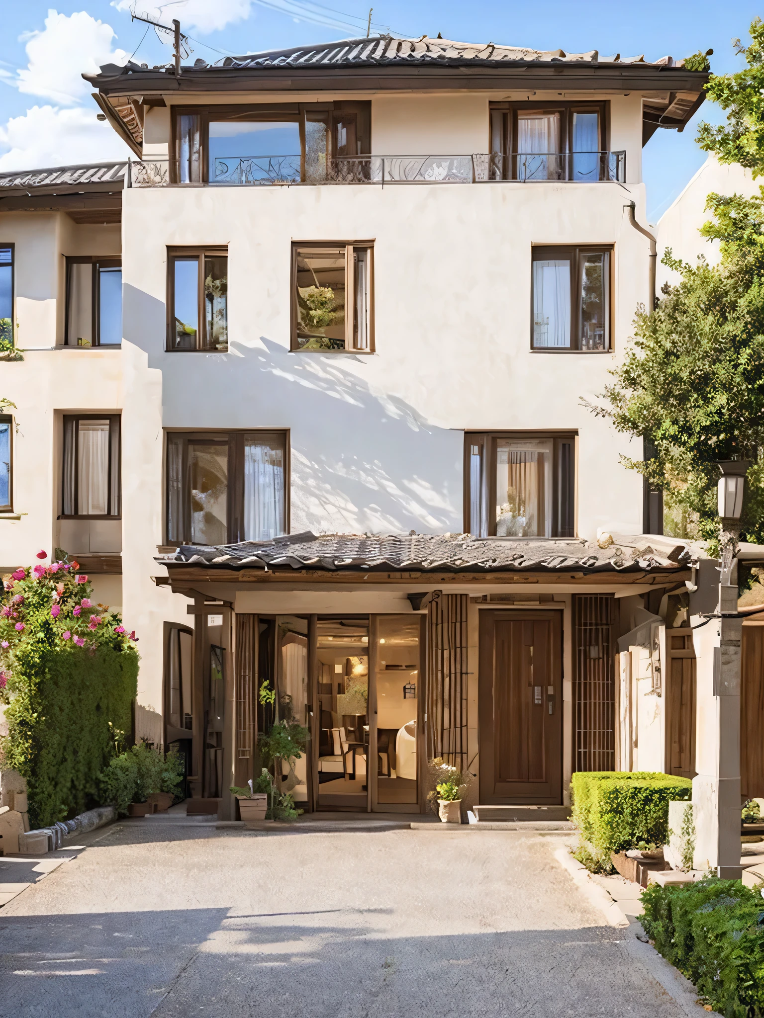 in the garden,A villa,Doors and windows are retro,The exterior walls of the villa are made of stone,The sky is clear