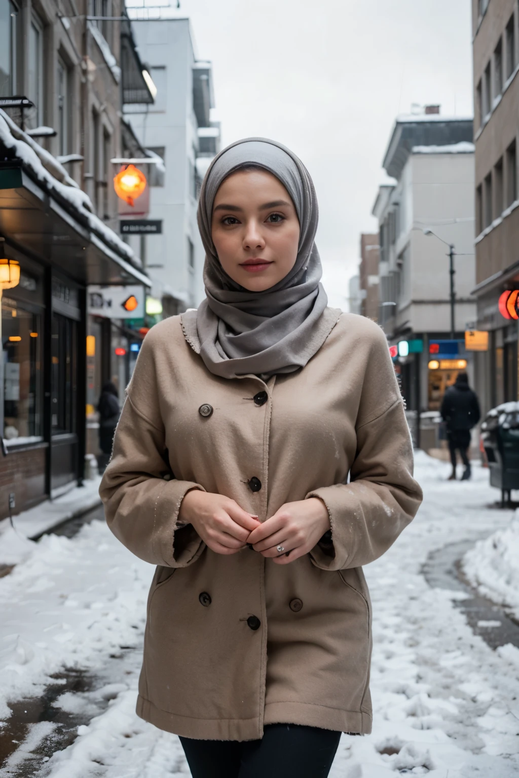 professional portrait photograph of a gorgeous Norwegian girl in winter clothing with hijab, sultry flirty look, gorgeous symmetrical face, cute natural makeup, wearing elegant warm winter fashion clothing, ((standing outside in snowy city street)), stunning modern urban environment, ultra realistic, concept art, elegant, highly detailed, intricate, sharp focus, depth of field, f/1. 8, 85mm, medium shot, mid shot, (((professionally color graded))), bright soft diffused light, (volumetric fog), trending on instagram, hdr 4k, 8k