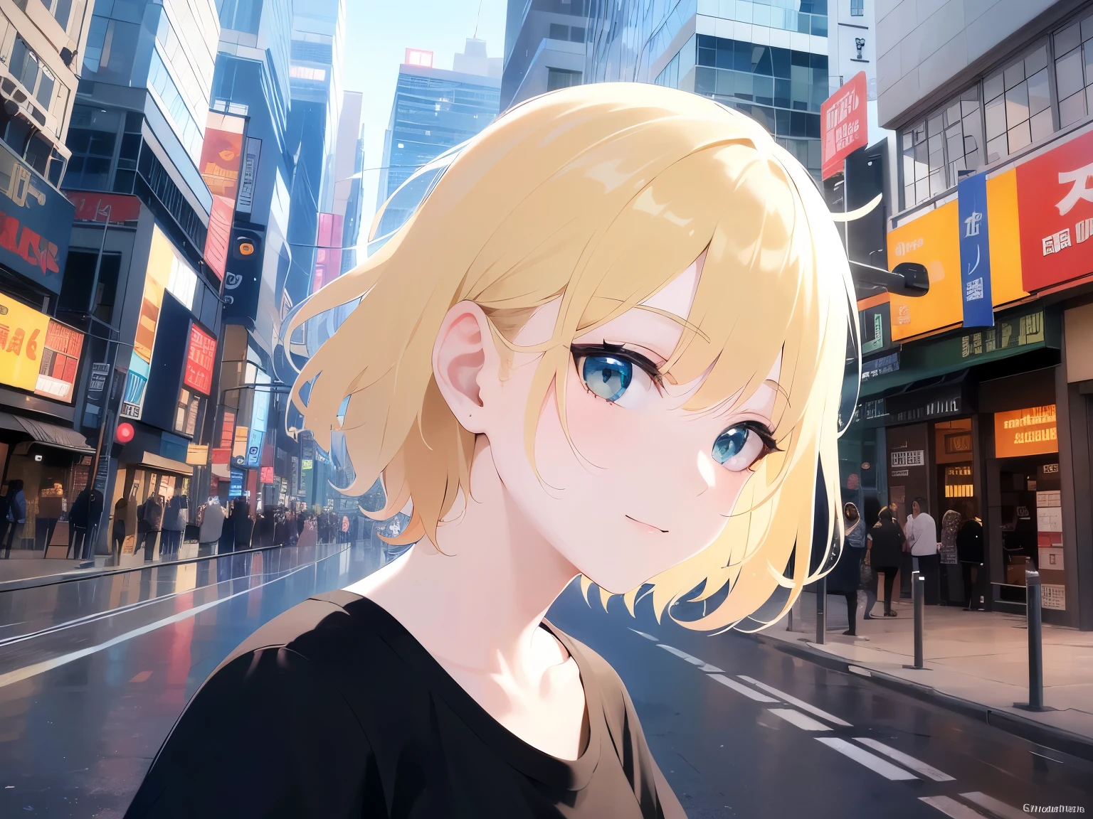 side angle, cute, Upper Body, Realistic, real person, (pale skin: 1.2), RAW photo, photorealistic, portrait photography, shiny skin, japanese idol、shiny hair、japanese, (25 year old man with blonde bangs) and (green eyes) and (very short hair:1.5), (black) and (Plain T-shirt:1.5), smile, The background is the city、Alone