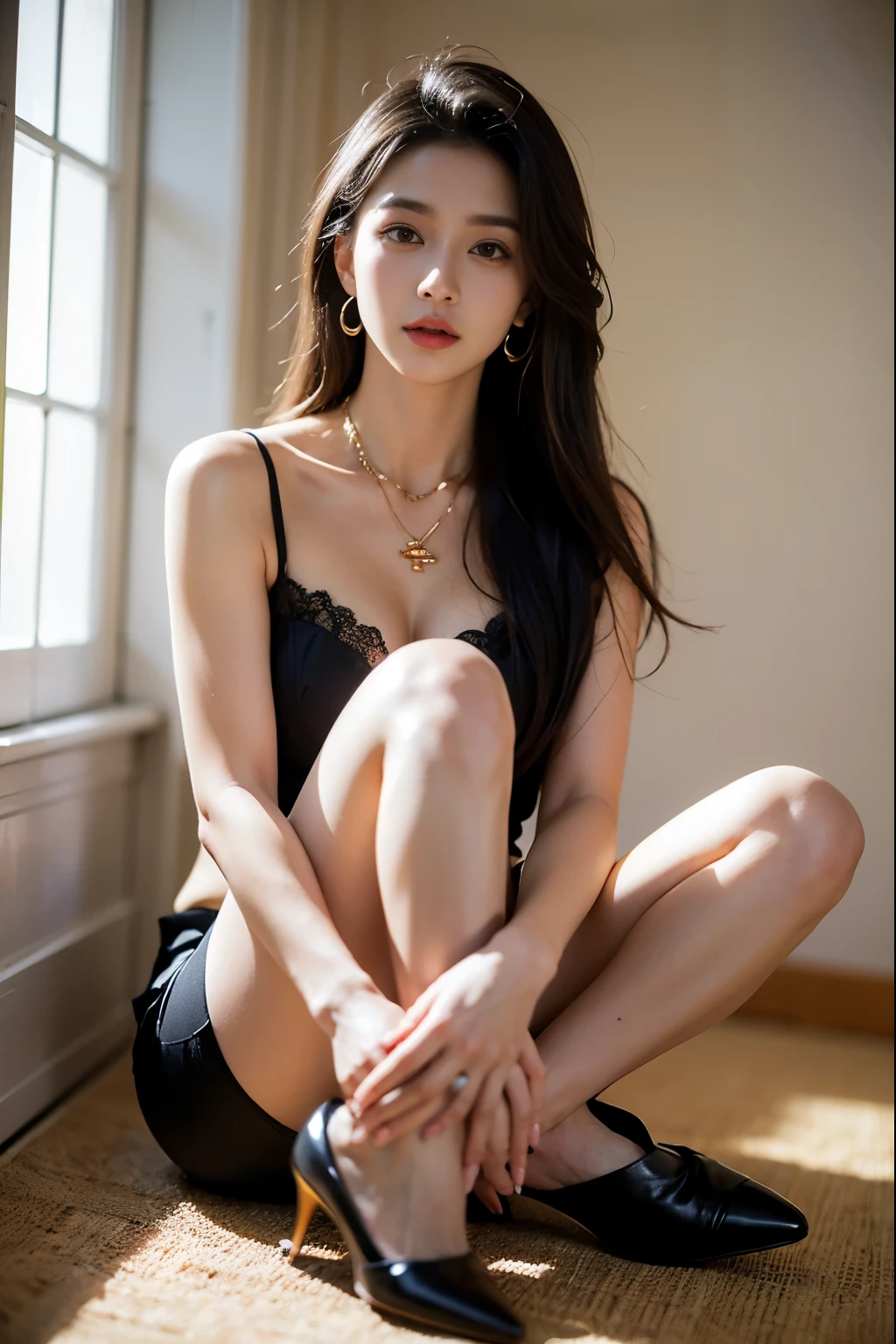 (masterpiece:1.3), (8 thousand, realistic, RAW photos, best quality: 1.4), (1 woman),(sheer silk blouse), (short skirt), (짙은색 realistic 팬티 스타킹), (wearing stockings), (wearing stockings), (High Heels), (High Heels), (very sexy), (full body shot), (Beautiful makeover), (유난히 아름다운 realistic 얼굴), (Build a beautiful body) , (beautiful face), (beautiful face), (long eyelashes), (double eyelid), (big bust) , (Strong body through exercise), (beautiful abs), (Beautiful heaps), (tall), (such a beautiful body), (realistic face), (black hair. parted, long hair:1.3), (아름다운 parted스타일), (realistic eyes), (really beautiful and delicate eyes), (realistic skin), (beautiful skin), (nudity), (absurd), (attractive), (ultra high resolution), (extremely realistic), (very detailed), (golden ratio), (realistic 긴 다리), (realistic 팔), (necklace), (earring),(beautiful nails manicure), (So beautiful and sexy)