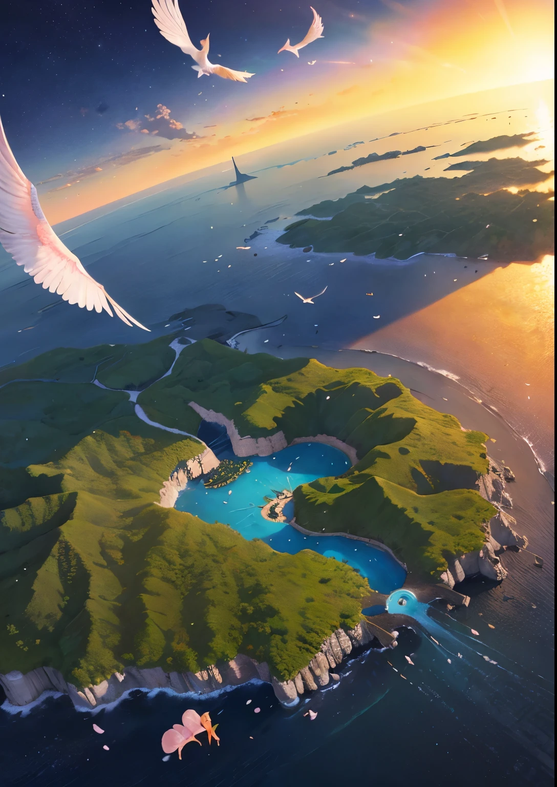 Artwork, best quality, better quality, flying islands, waterfalls cascading from islands, fantasy world, spectacular panoramas, swarms of colorful flamingos, sunsets