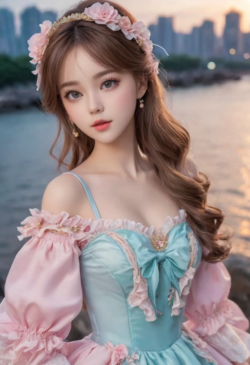 highest quality, ultra nothing, realistic, beautiful woman pictures, Teens in their 30s, detailed face, brown hair,beautiful hair、elaborate porcelain dolls,Delicate clothes with lots of frills and ribbons), beach, (close your face), attractive appearance, looking at the viewer、high performance、High quality waiting to start (highest quality, 8K, masterpiece: 1.3), clear focus: 1.2, beauty: 1.4, abs: 1.1, brown hair, aqua dress: 1.4, outdoor at night: 1.1, cityscape, beautiful face and eyes, double eyelid. Add realistic lighting, Be careful when adjusting proportions.luxurious dress、pink dress