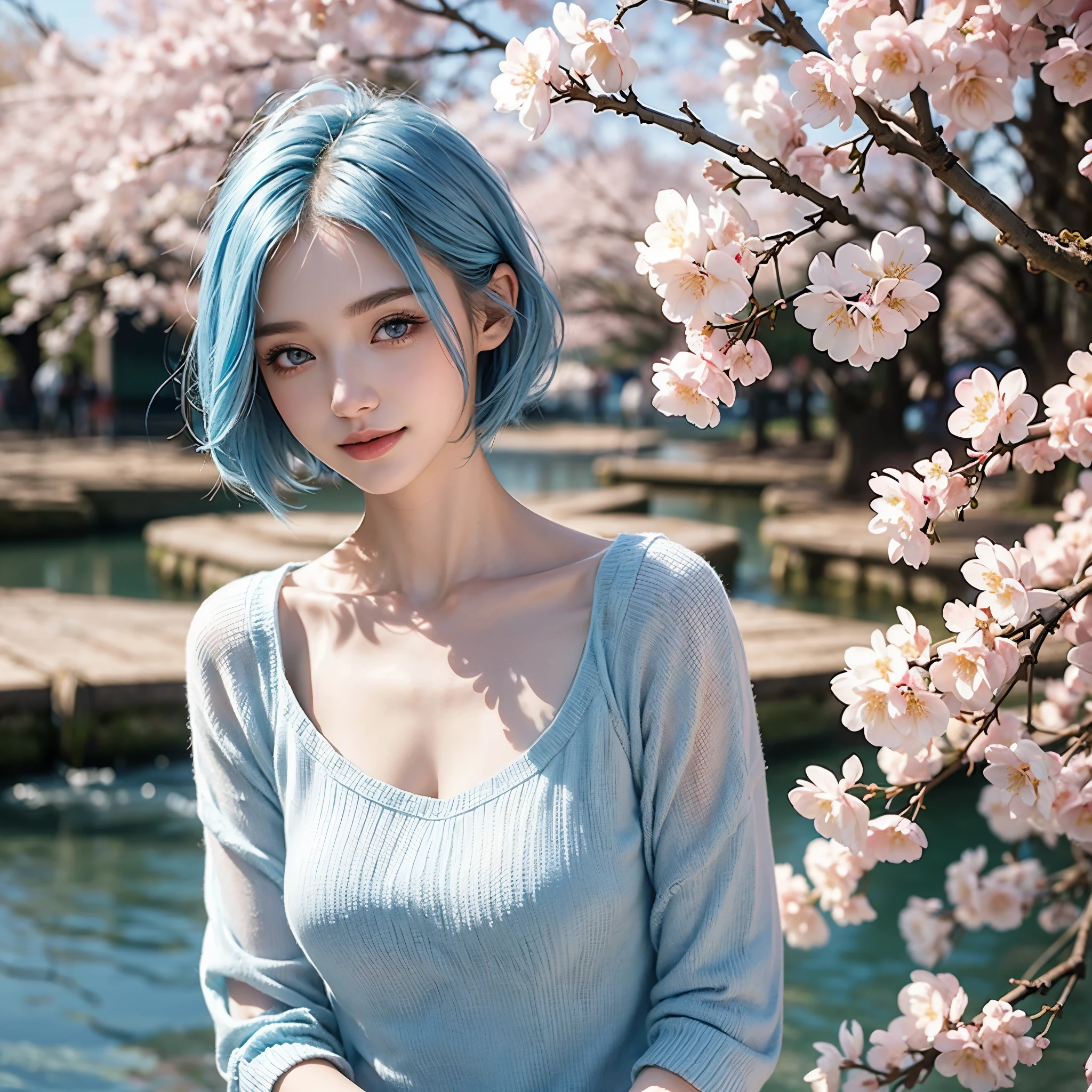 High quality, 8k, masterpiece:1.3, (a beautiful girl), (medium short hair), very detailed face, fine eyes, Gentle smile, (beautiful cherry blossom background), light pale blue hair, light pale blue clothes,Spring fashion,Trendy fashion