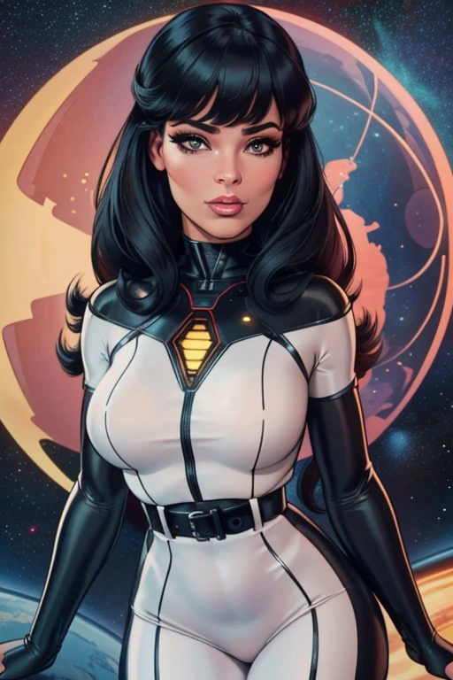 Best quality, 8K, woman space retro futurism, beautiful and detailed face, black straight long hair, bangs,big eyelashes,LOOKING TO observer,black bodystocking, large belt,sci-fi RETRO SPACESHIP scenario