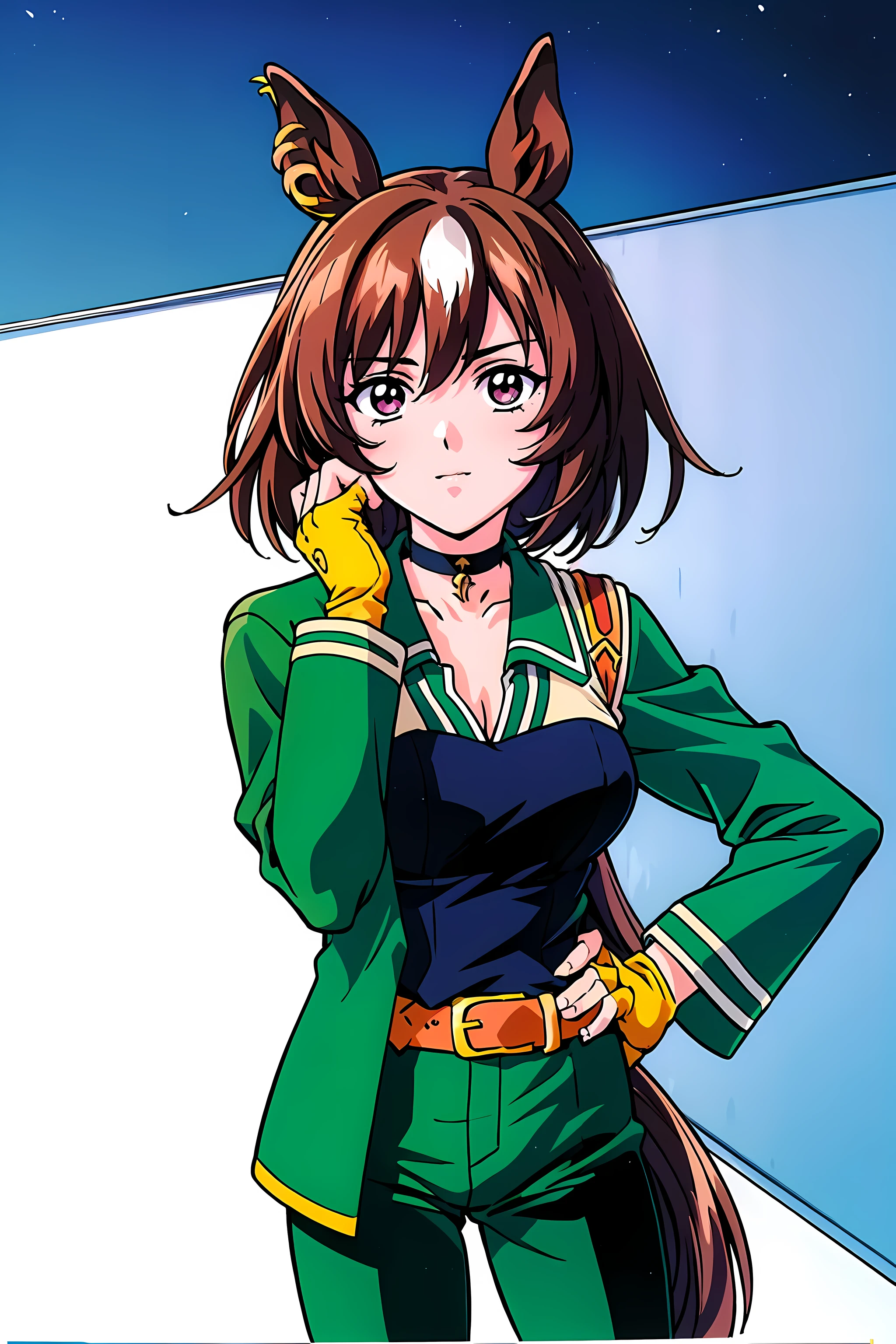 (highest quality:1.3),(ultra-be familiar with:1.5),High resolution,extremely be familiar with CG,unity 8k wallpaper,official art,be familiar with,super be familiar with skin,perfect anatomy,beautiful be familiar with eyes,(anime screenshot:1.11),very delicate and beautiful,(90s anime,90s anime style,cel shaded anime:1.17),1 girl,alone,anmnr,
((sirius symboli:1.52)), horse ears, horse tail,green jacket, collared shirt, fingerless gloves, green pants, choker, belt