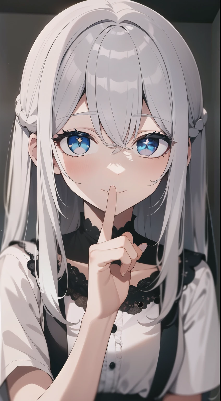 ((masterpiece, best quality))++, Detail lights+, detail hair+, Detail hand+ ,1 girl, Honey, (long gray hair)++, dark blue eyes, beautiful eyes, Young gray hair,,(beautiful white hair:1.5),(beautiful eyes), high resolution+, black stockings , a white pajamas, Glass tones, Reflective eyeanyery detail wallpaper, The original, ,scassue card ,Nature,White rose