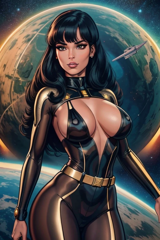 Best quality, 8K, woman space retro futurism, beautiful and detailed face, black straight long hair, bangs,big eyelashes,LOOKING TO observer,tanned bodystocking, gold belt,sci-fi RETRO SPACESHIP scenario