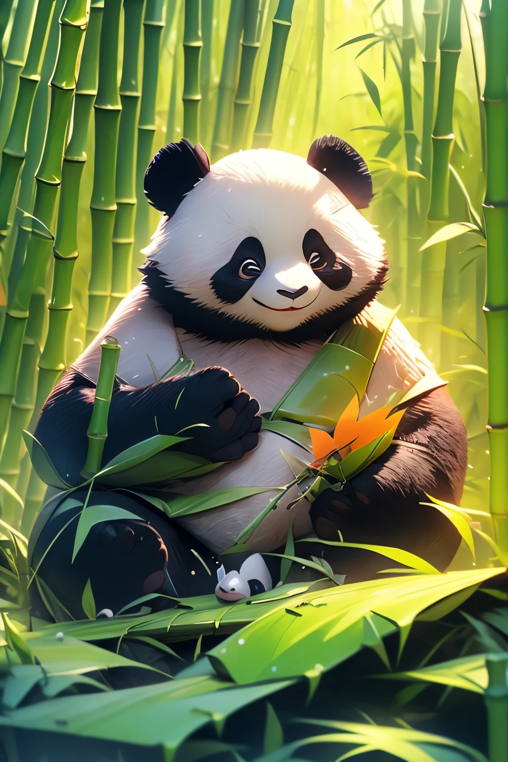panda, bamboo forest, adventure, 4k, cartoon, perfect quality, Features cartoon characters, spring, fall leaf,forest background is blurred, Bright lighting