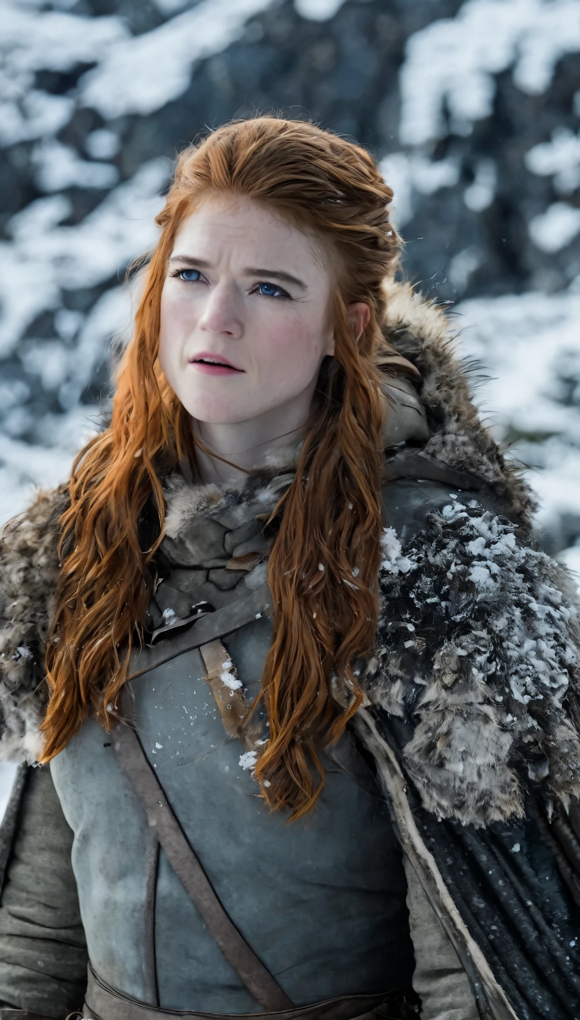 (best quality,highres),(realistic:1.37),(full body shot),(beautiful,detailed,expressive), (ohwx woman) Rose Leslie as Ygritte from Game of Thrones, Surrounded by the harsh and wild nature of the northern countries covered with snow and ice .