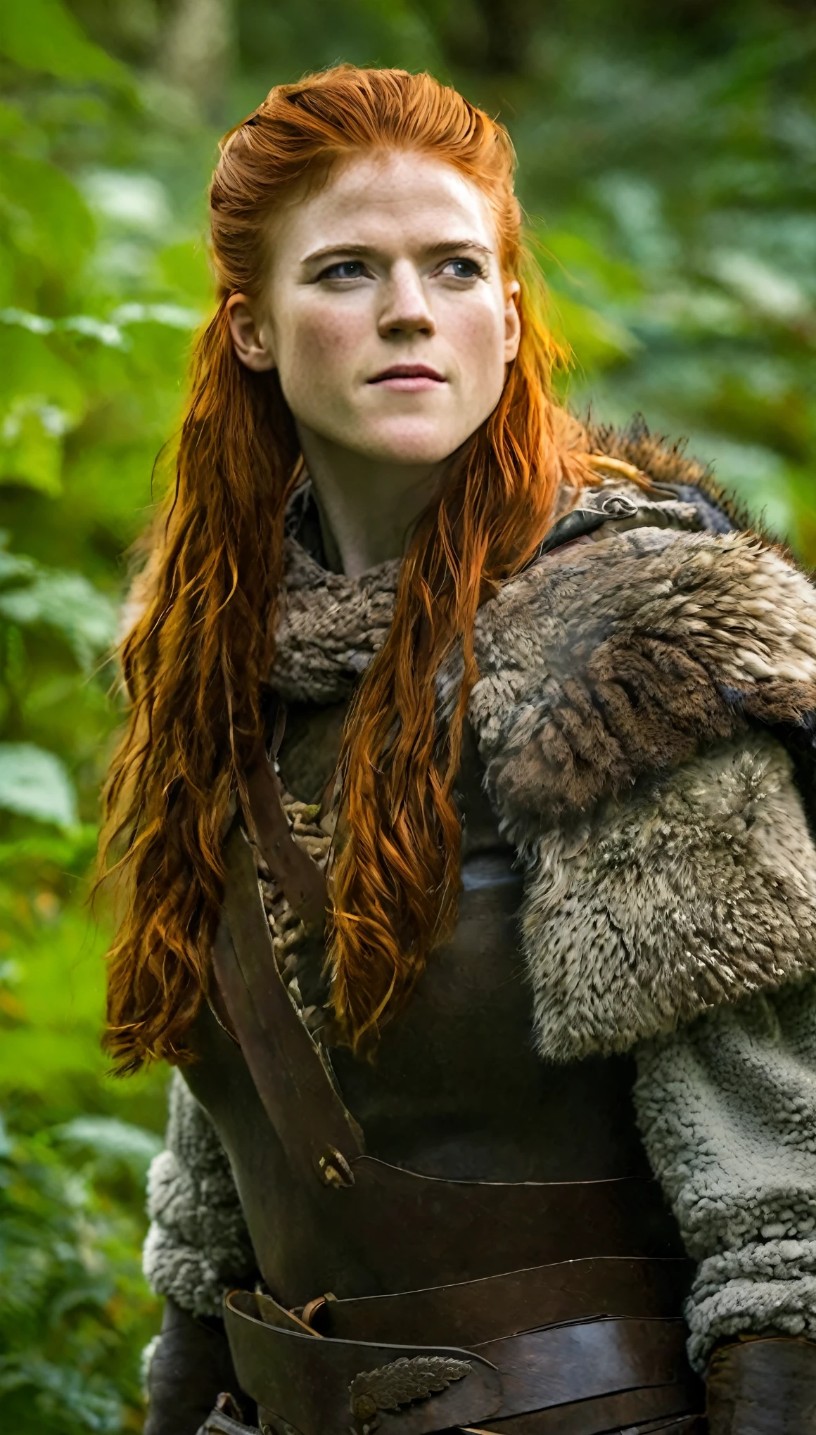 (best quality,highres),(realistic:1.37),(portrait:1.1),(fierce,stubborn,confident,brave,strong),(wild,untamed,free),(beautiful,detailed,expressive) eyes, fiery red hair, besides, she has a warm smile. Rose Leslie as Ygritte from Game of Thrones, surrounded by a lush and vibrant natural environment. The sunlight filters through the dense foliage, casting a warm glow on her face. The forest is filled with towering trees, vibrant flowers, and winding paths that lead to unknown adventures. Ygritte stands tall and confident, dressed in furs and leather armor, ready for any challenge that comes her way. Her expression is fierce and determined, reflecting her strong-willed and stubborn nature. Her red hair, wild and flowing, adds to her untamed and free spirit. The portrait captures her beauty and the intensity of her character, with every detail of her face and eyes vividly portrayed. The colors are vibrant, with a rich palette of earthy tones and pops of bright red to symbolize her fiery personality. The lighting is natural and soft, accentuating her features and creating a sense of depth and dimension in the painting. This masterpiece portrays Ygritte in all her strength, beauty, and wild spirit, bringing her character to life on the canvas.