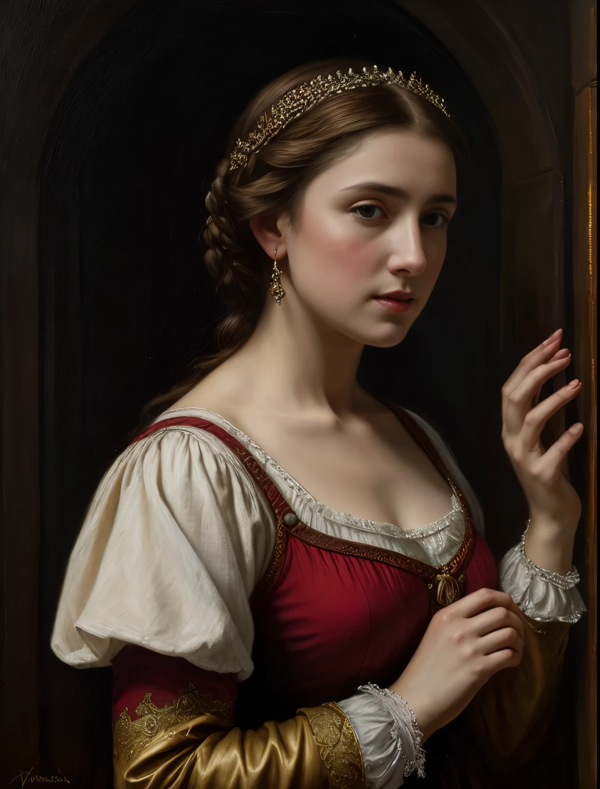 retrato, garota, Middle Ages, classicismo, estilo de Andrey Atroshenko, pintura, Traditional media, realista, figurativo, belas artes, oil on canvas, HDR, 8k, Personagem original, high resolution, Alto detalhe, concentre-se no rosto
