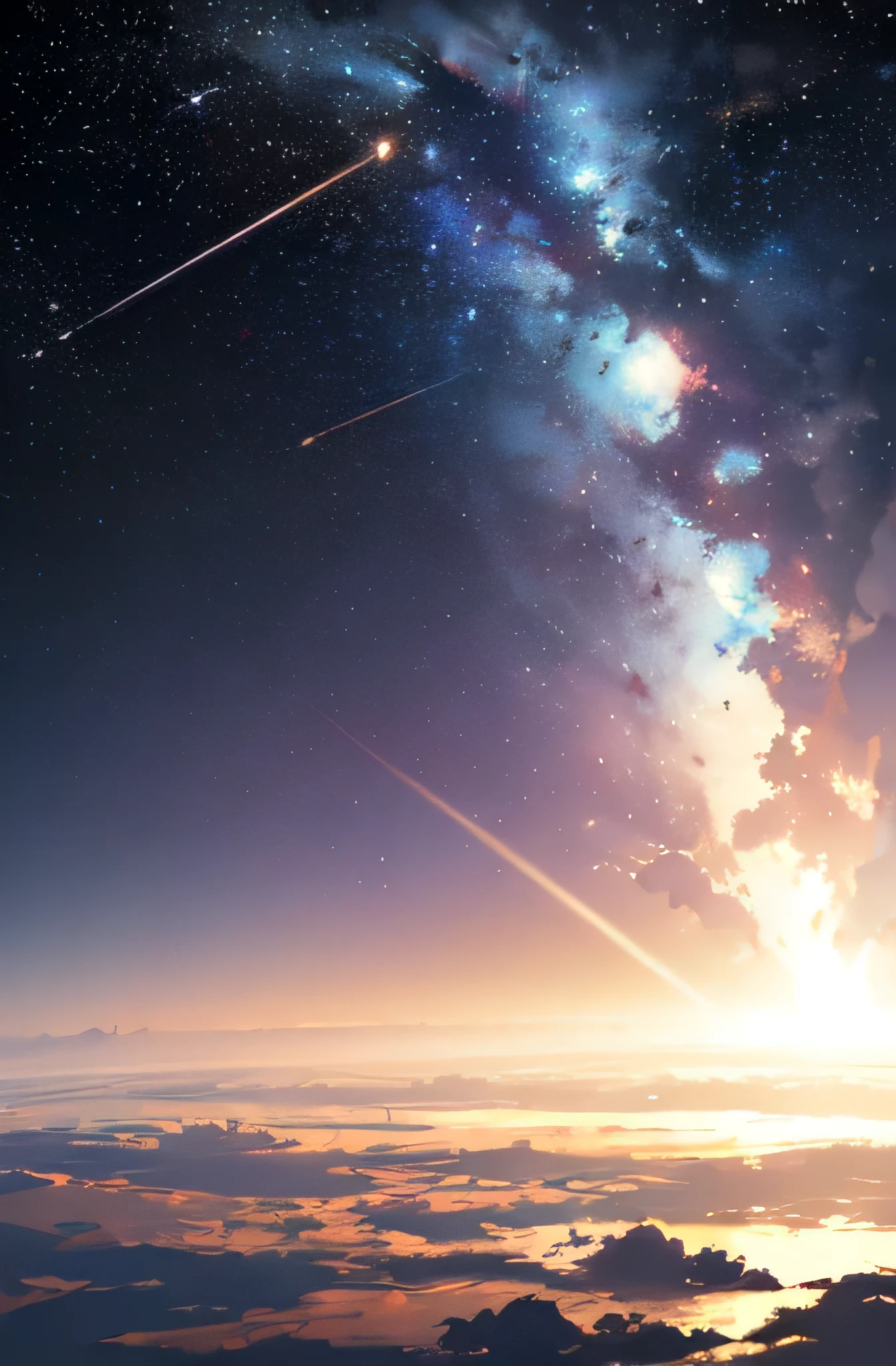 A picture of space with glimmering stars and cosmic rays, point of picture from another planet