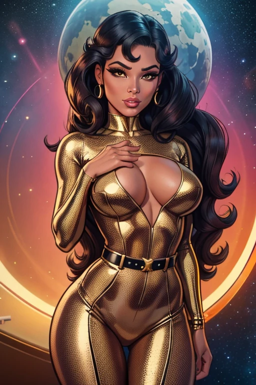 Best quality, 8K, woman space retro futurism, beautiful and detailed face,curly long long hair,big eyelashes,LOOKING TO observer,tanned bodystocking, gold belt,sci-fi RETRO SPACESHIP scenario