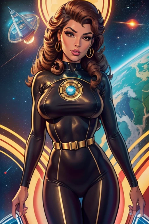 Best quality, 8K, woman space retro futurism, beautiful and detailed face,curly long long hair,big eyelashes,LOOKING TO observer,tanned bodystocking, gold belt,sci-fi RETRO SPACESHIP scenario