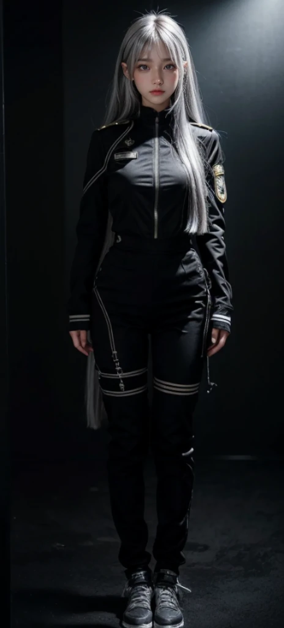 black military uniform,whole body,Height: 168cm,almond shape eyes,{{{{{silver eyes}}}}},{{{{{dull bangs}}}}},(slanted eyes},{{whole body},{{{1 girl}}}, long hair, straight hair,{{{{silver hair}}}},{{{tsurime}}},30 years old,{Medium chest},{{bush}},silver eyes,{{{masterpiece}}}, {{{highest quality}}}, {{Super detailed}}, {shape}, {{very delicate and beautiful}},very detailed,detailed perfect,detailed hyper,Abundant thighs,big ass
