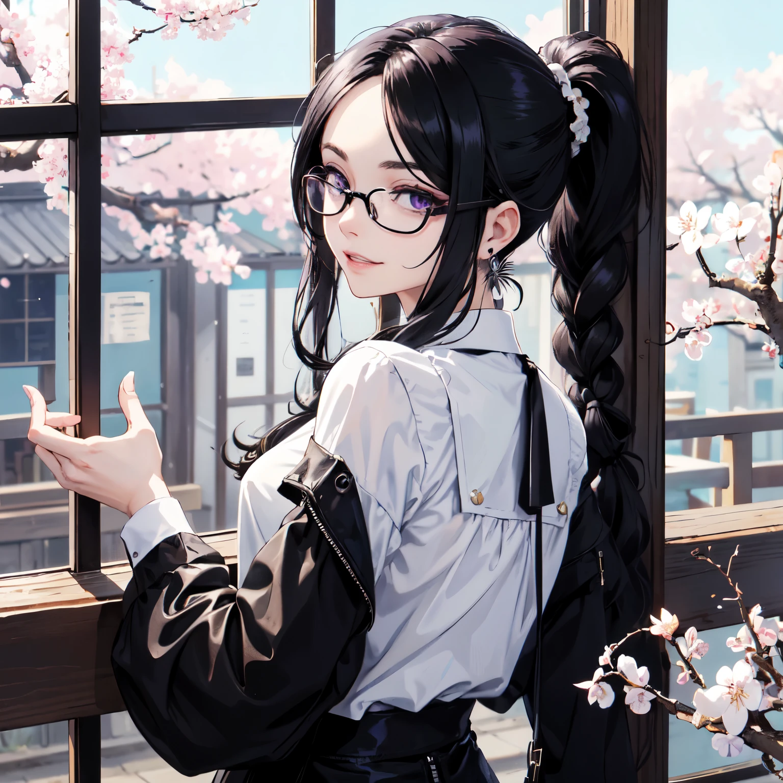 Gender and age: 25 year old female personality: Calm and confident Hairstyle and hair color: black long hair、hairpin、earrings、braid ponytail Eye color and shape: purple eyes、Black-rimmed glasses Facial features: Big eyes、Shiny lips body shape: slim、Medium bust clothing：White trend shirt expression：smirk sight： background：Cherry blossom tree scene：Window shopping、Looking back