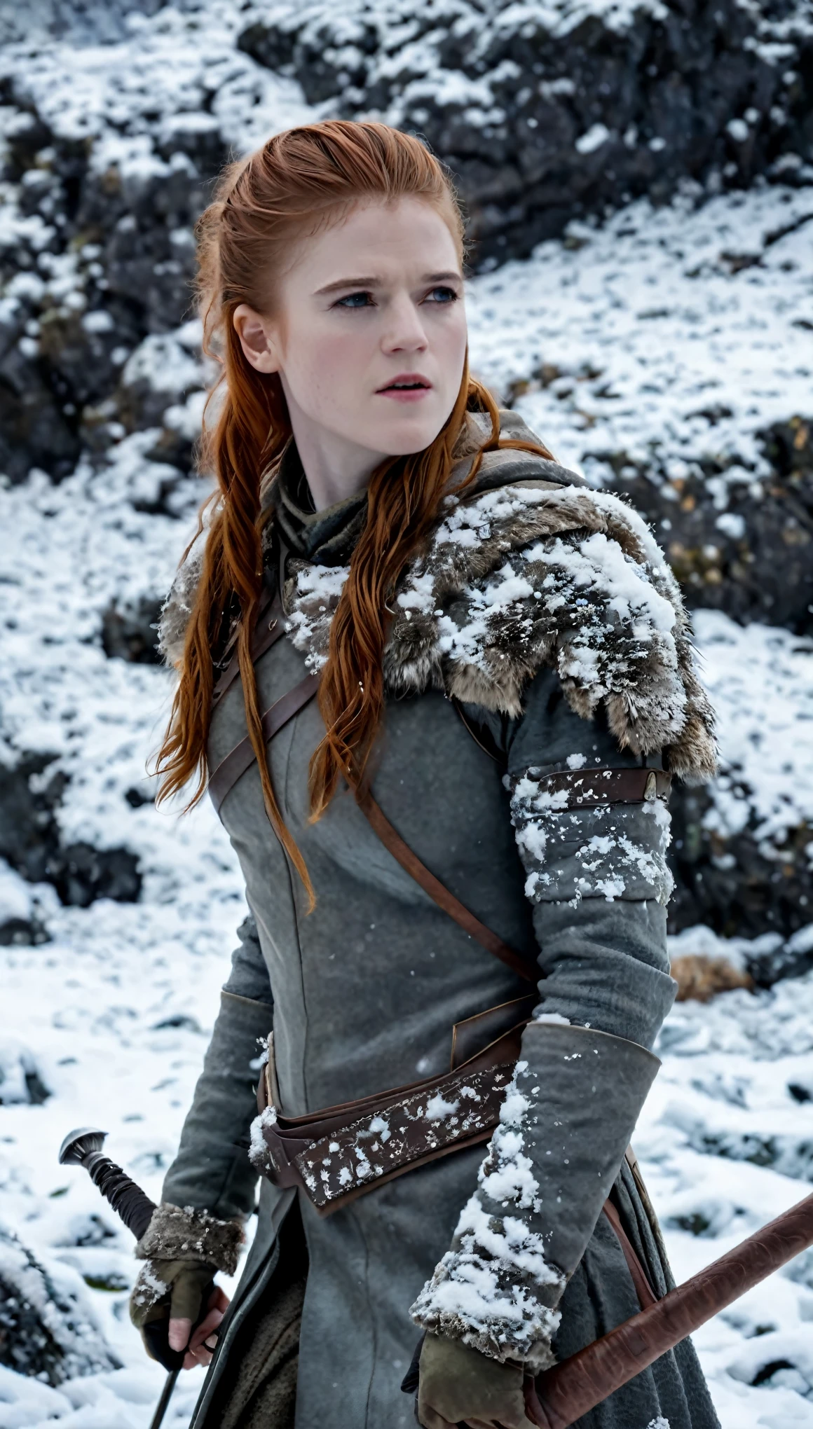 (best quality,highres),(realistic:1.37),(full body shot),(beautiful,detailed,expressive), (ohwx woman) Rose Leslie as Ygritte from Game of Thrones, Surrounded by the harsh and wild nature of the northern countries covered with snow and ice .