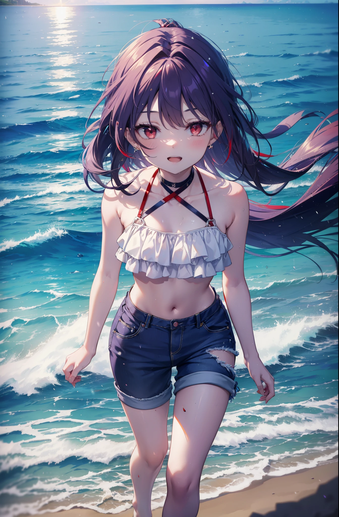 yuukikonno, Yuki Konno, hair band, long hair, pointed ears, purple hair, (red eyes:1.5), (small breasts:1.2),happy smile, smile, open your mouth, open your mouth,Purple bikini swimsuit,short denim pants,barefoot,barefoot,sandy beach,beach,Light of the sun,true summer,
break looking at viewer, Upper body, full body,
break outdoors, beach,
break (masterpiece:1.2), highest quality, High resolution, unity 8k wallpaper, (figure:0.8), (detailed and beautiful eyes:1.6), highly detailed face, perfect lighting, Very detailed CG, (perfect hands, perfect anatomy),