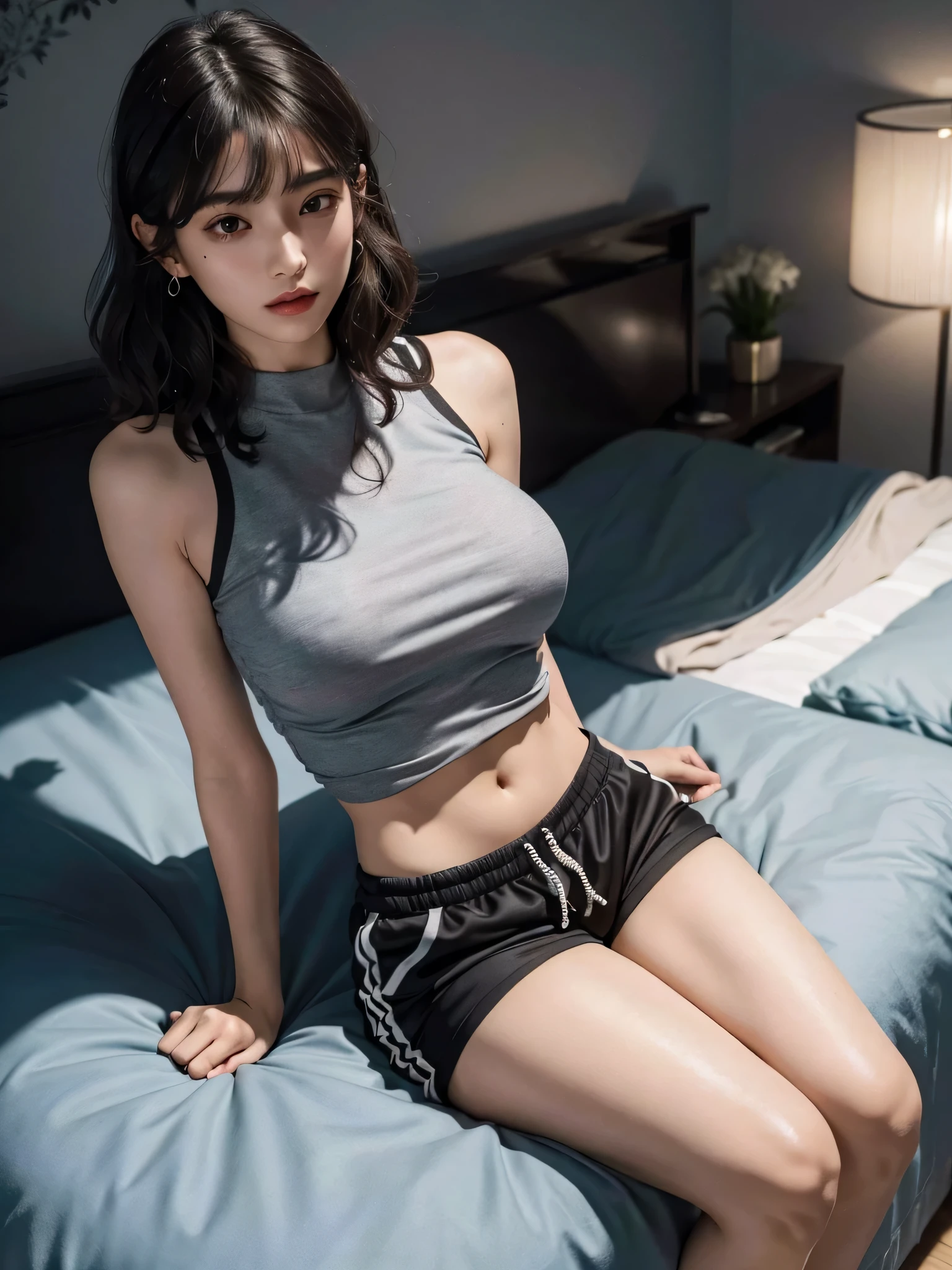 absurdres, RAW photo, extremely delicate and beautiful, masterpiece, Best Quality, ultra high resolution, 32k, hyperrealistic, ultra-detailed, perfect anatomy, perfect figure, super Detailed skin, Very detailed CG 8k wallpaper, in her 20s, very Slim body, narrow waist, very small head, very small face, delicate facial features, tearful mole, earring, thin legs, (very huge round breasts:1.2), full body shot, 1 girls, short hair, (wavy hair:1.2), (tracksuit:1.1), midriff, shorts, sleeveless,