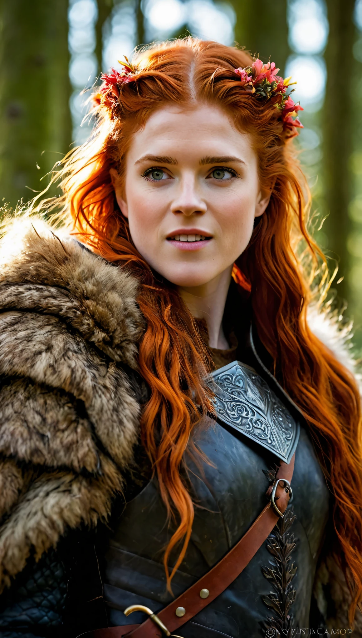 (best quality,highres),(realistic:1.37),(full body shot:1.1), (low angle shot:1.1), (fierce,stubborn,confident,brave,strong),(wild,untamed,free),(beautiful,detailed,expressive) eyes, fiery red hair, besides, she has a warm smile. Rose Leslie as Ygritte from Game of Thrones, surrounded by a lush and vibrant natural environment. The sunlight filters through the dense foliage, casting a warm glow on her face. The forest is filled with towering trees, vibrant flowers, and winding paths that lead to unknown adventures. Ygritte stands tall and confident, dressed in furs and leather armor, ready for any challenge that comes her way. Her expression is fierce and determined, reflecting her strong-willed and stubborn nature. Her red hair, wild and flowing, adds to her untamed and free spirit. The portrait captures her beauty and the intensity of her character, with every detail of her face and eyes vividly portrayed. The colors are vibrant, with a rich palette of earthy tones and pops of bright red to symbolize her fiery personality. The lighting is natural and soft, accentuating her features and creating a sense of depth and dimension in the painting. This masterpiece portrays Ygritte in all her strength, beauty, and wild spirit, bringing her character to life on the canvas.