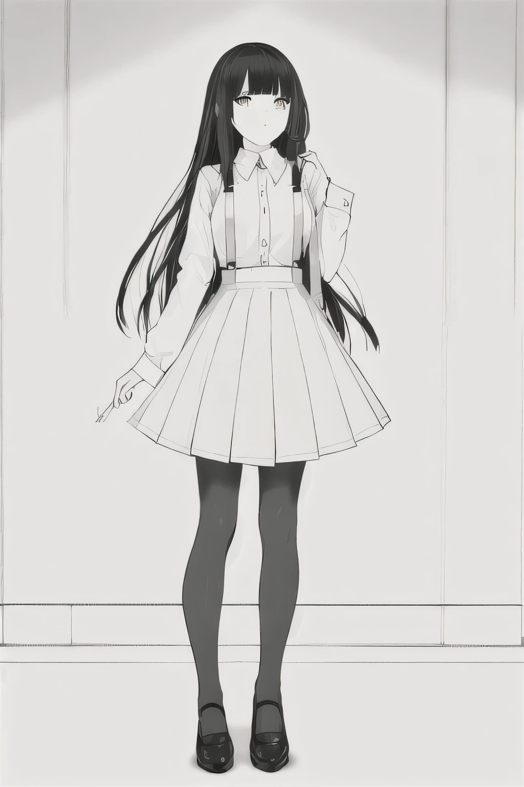masterpiece, best quality, 1 girl, alone, black hair, Medium long hair, blunt bangs, , Poker face, white pantyhose, Raise your legs high, suspender skirt, White shirt, black skirt, whole body, School, mary jane shoes, night, dark, shadow, indoors, line art, monochrome,