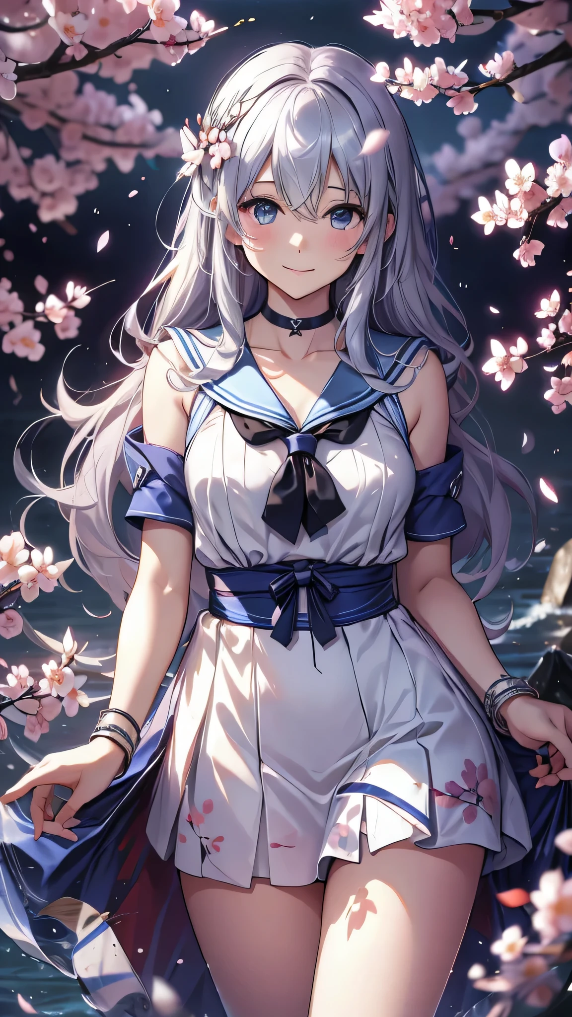 silver long hair，Hair curtain with slight curls in the middle，red eyes，Comb your hair by hand，D Cup Girl，Cat fur card，Blue and white sailor suit，sad expression，big eyes，cherry blossoms falling